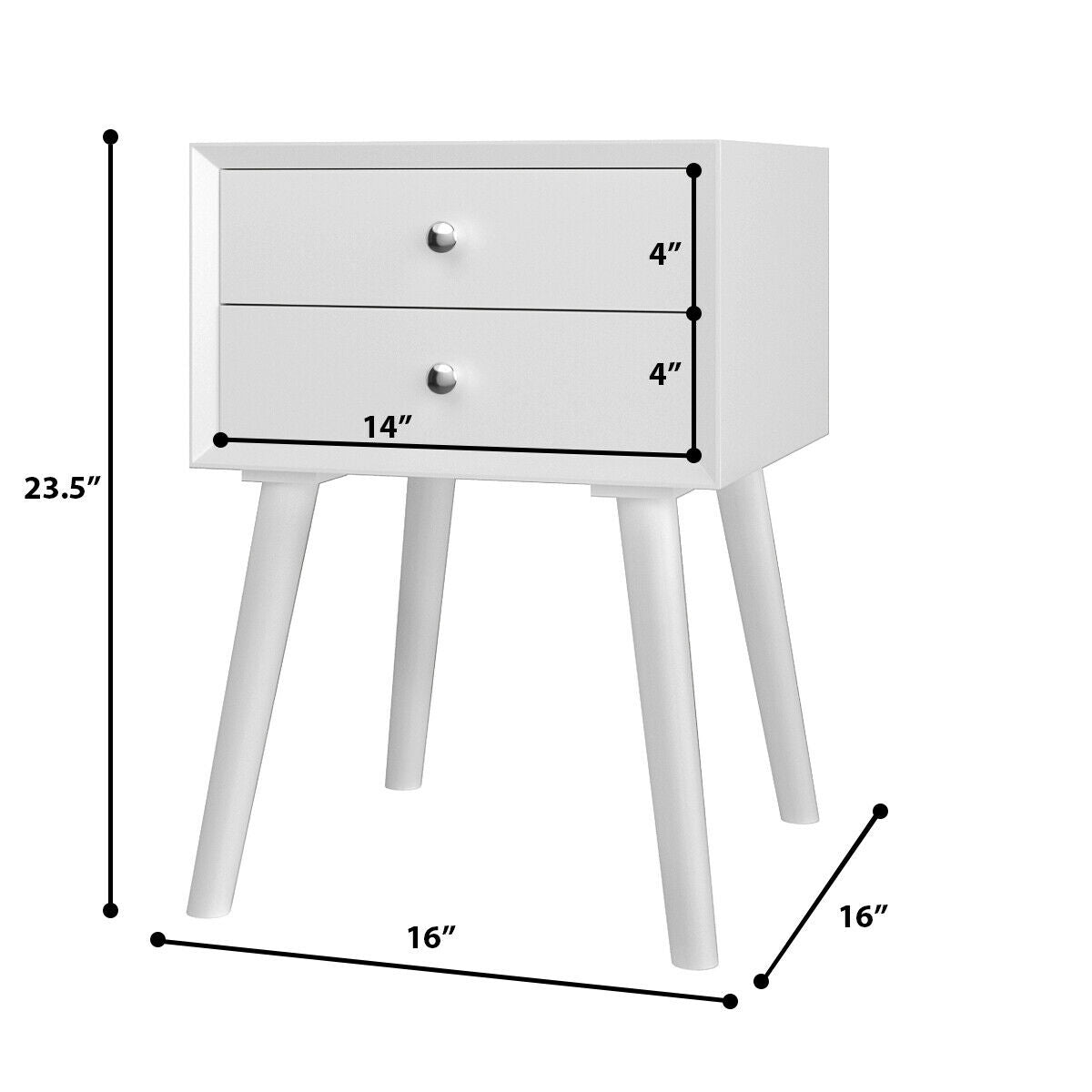 Mid Century Wooden Nightstand with Two Drawers - White