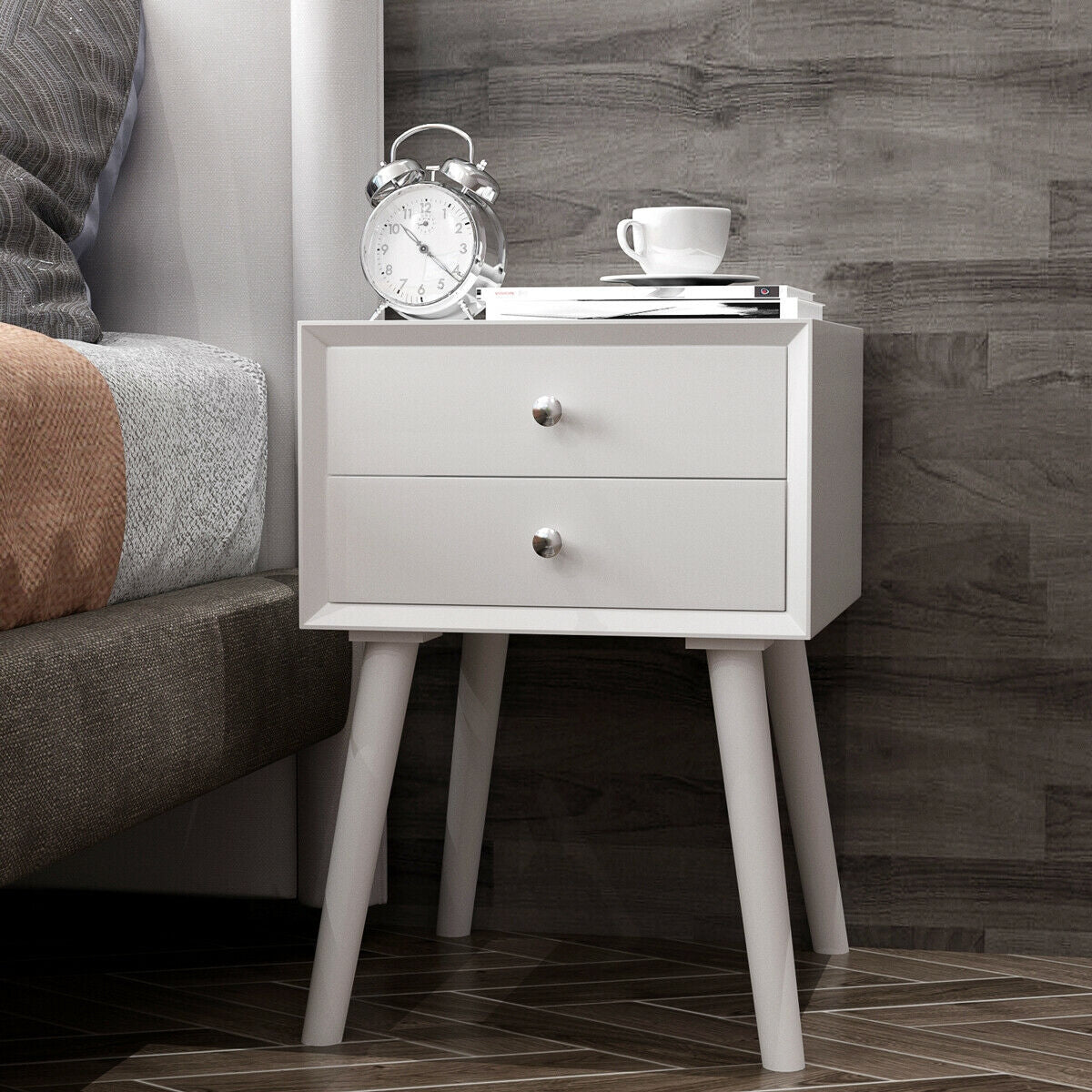 Mid Century Wooden Nightstand with Two Drawers - White