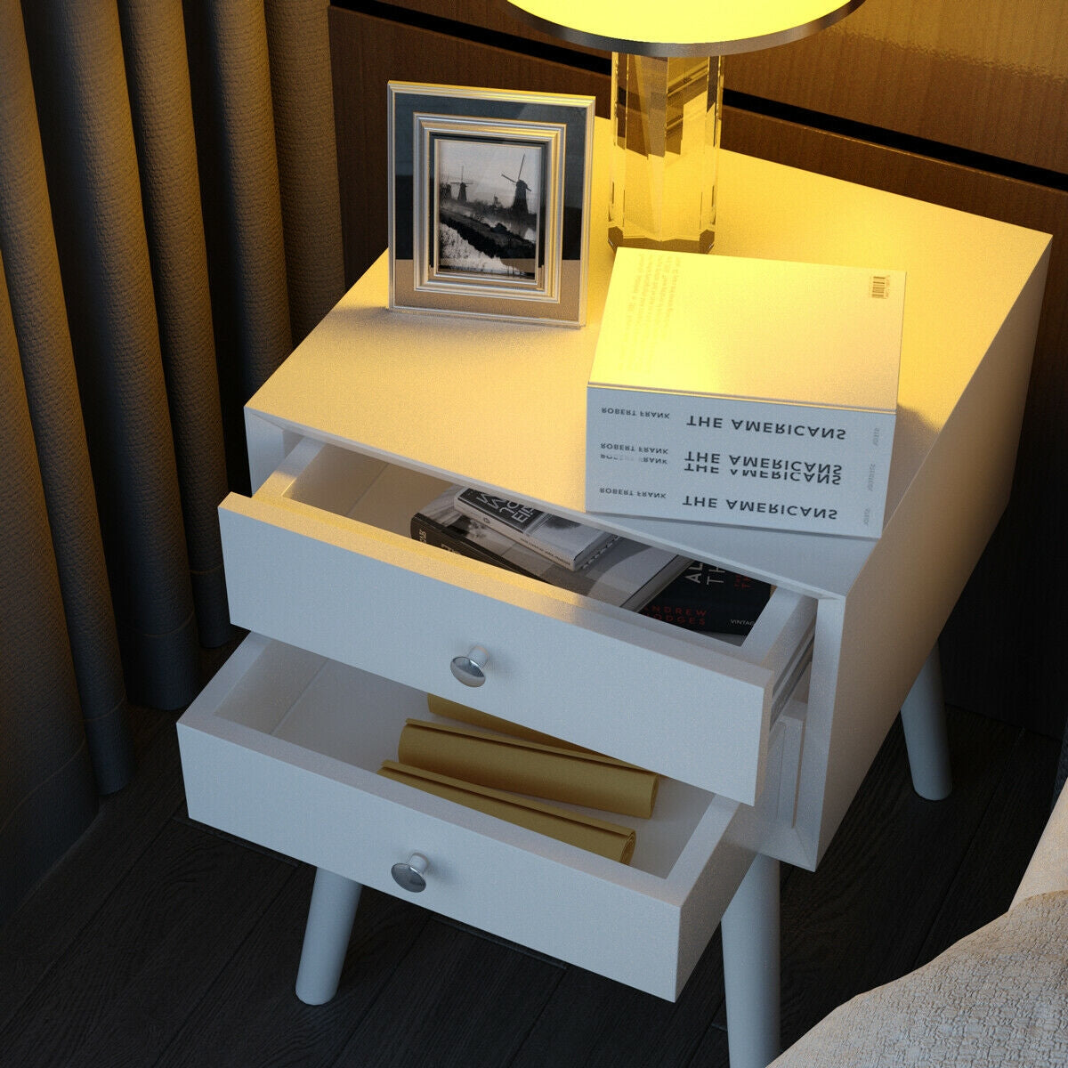 Mid Century Wooden Nightstand with Two Drawers - White