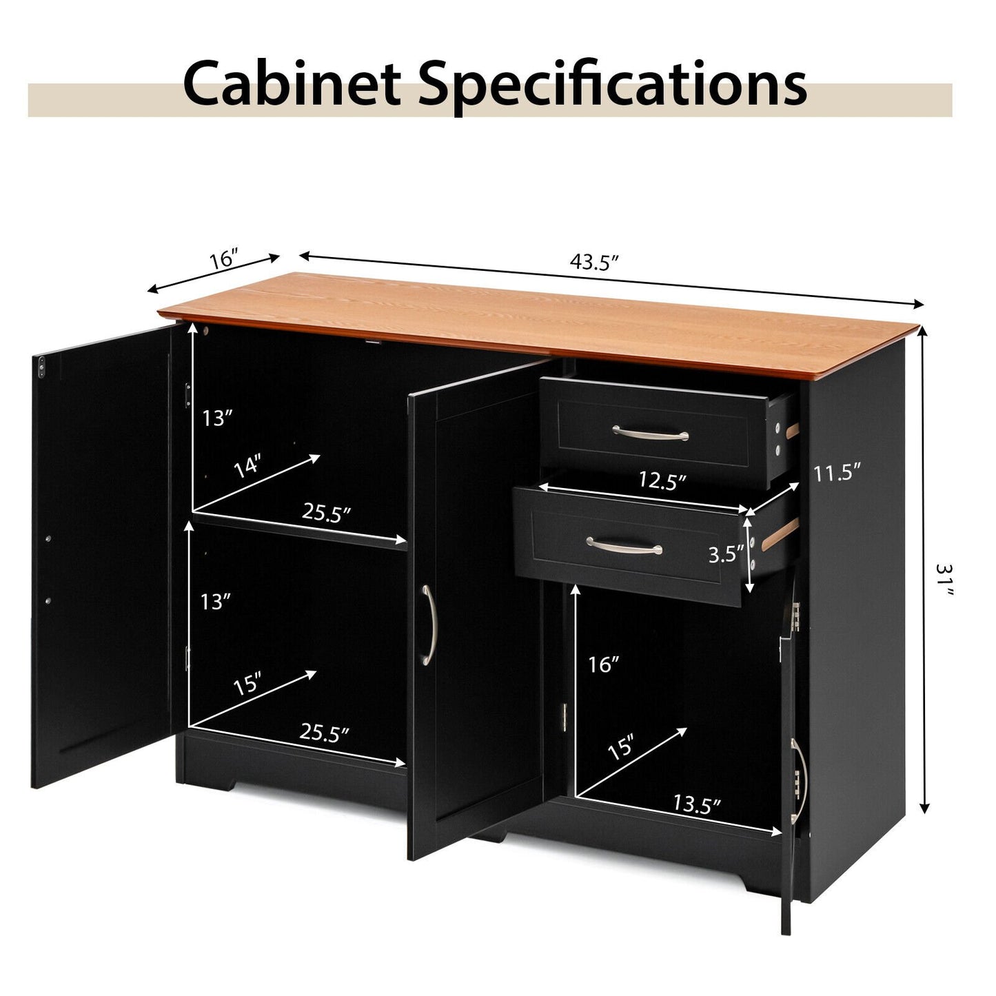 Modern Buffet Sideboard Cabinet with 2 Drawers and Adjustable Storage for Kitchen or Dining Room - Black