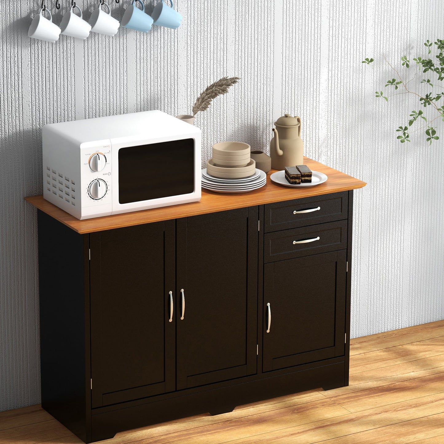 Modern Buffet Sideboard Cabinet with 2 Drawers and Adjustable Storage for Kitchen or Dining Room - Black