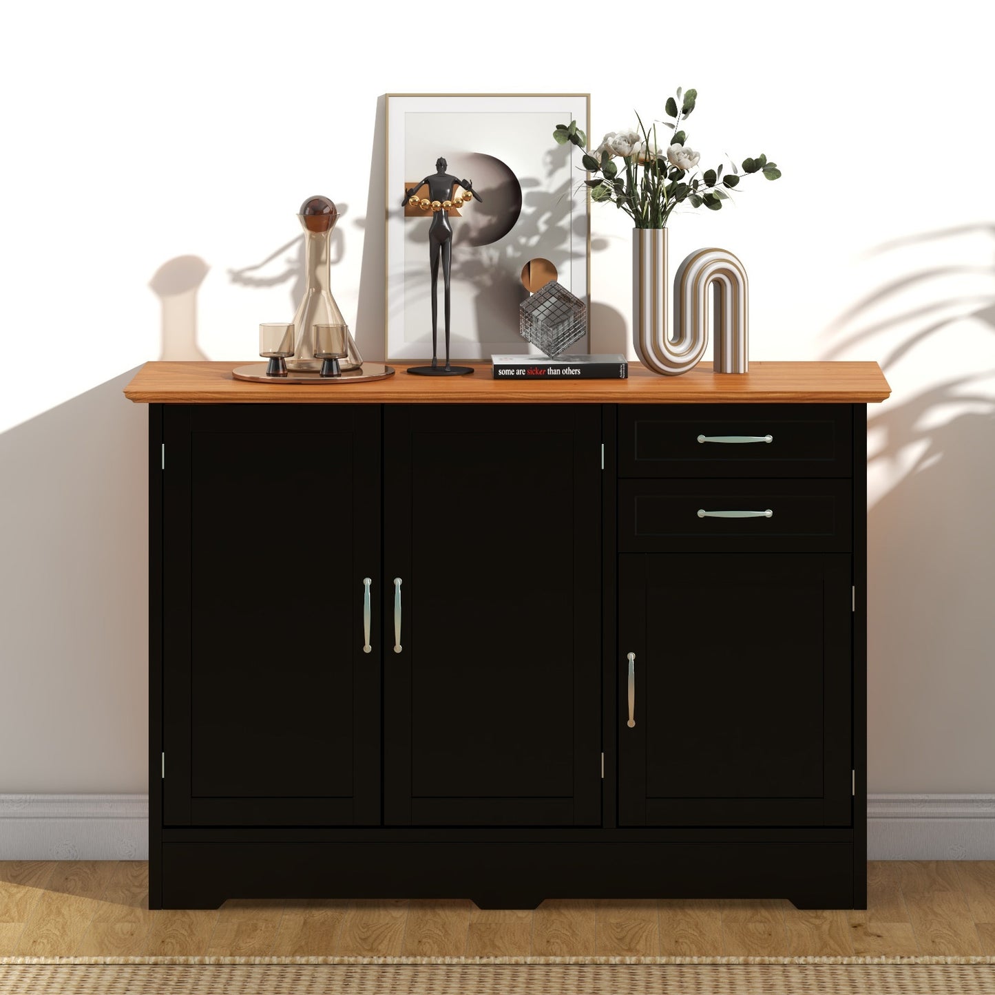 Modern Buffet Sideboard Cabinet with 2 Drawers and Adjustable Storage for Kitchen or Dining Room - Black