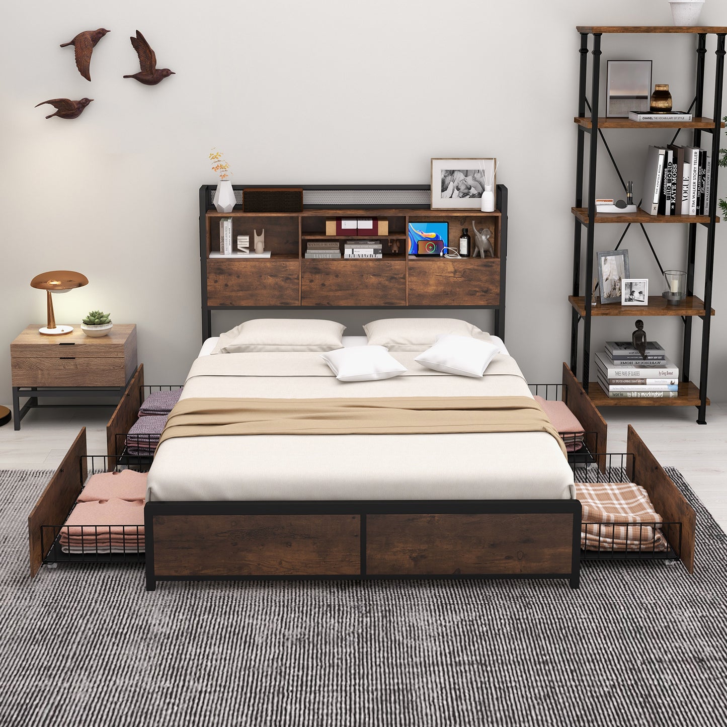 Metal Bed Frame with 3-Tier Bookcase Headboard, 4 Storage Drawers & Charging Station – Rustic Wood Finish, Full & Queen Size