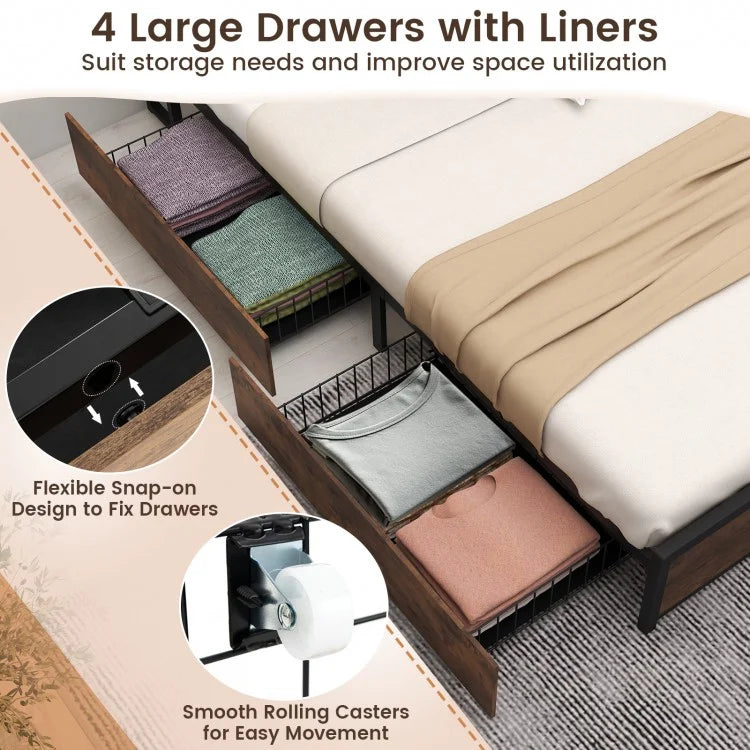 Metal Bed Frame with 3-Tier Bookcase Headboard, 4 Storage Drawers & Charging Station – Rustic Wood Finish, Full & Queen Size