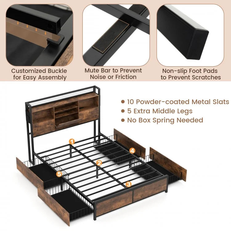 Metal Bed Frame with 3-Tier Bookcase Headboard, 4 Storage Drawers & Charging Station – Rustic Wood Finish, Full & Queen Size