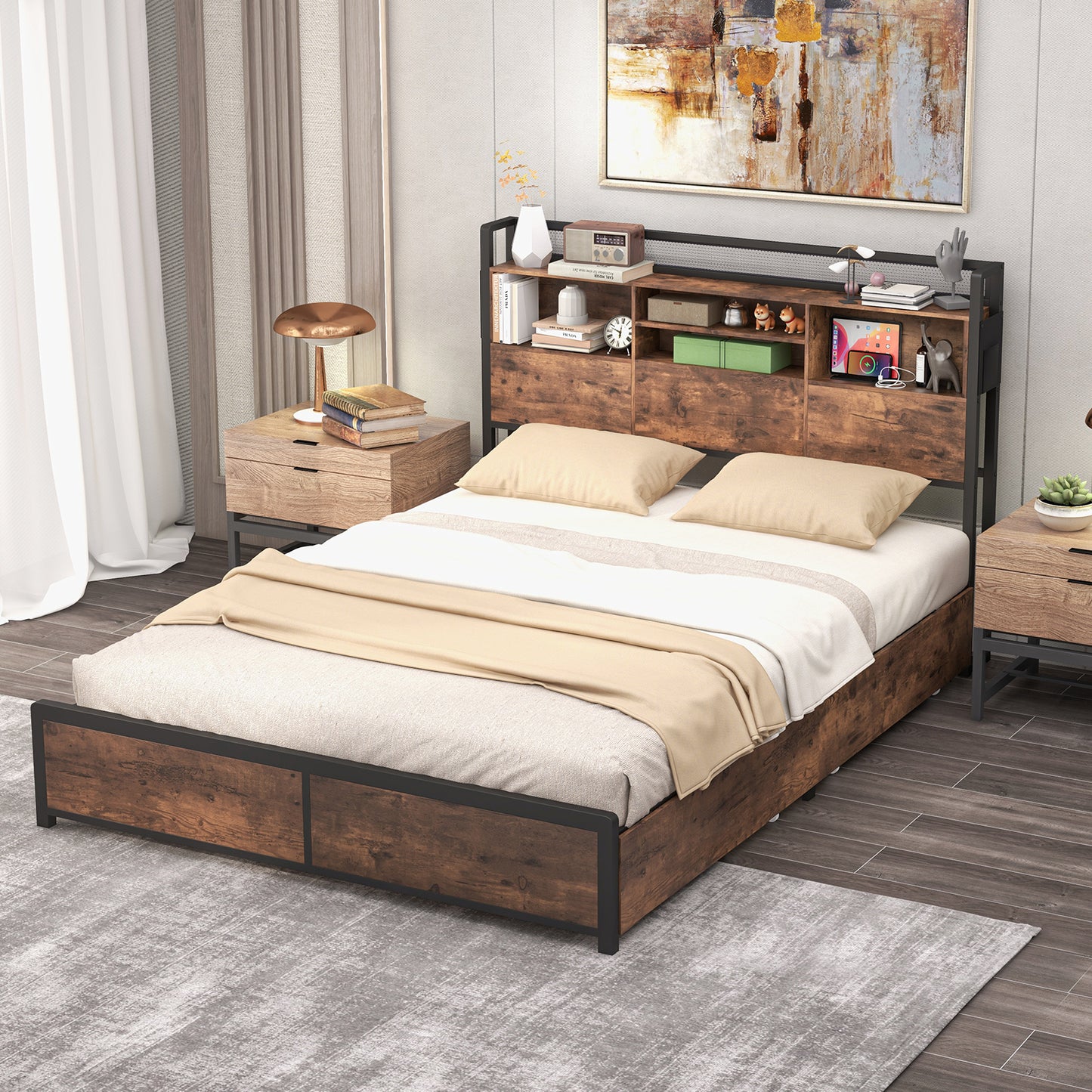 Metal Bed Frame with 3-Tier Bookcase Headboard, 4 Storage Drawers & Charging Station – Rustic Wood Finish, Full & Queen Size
