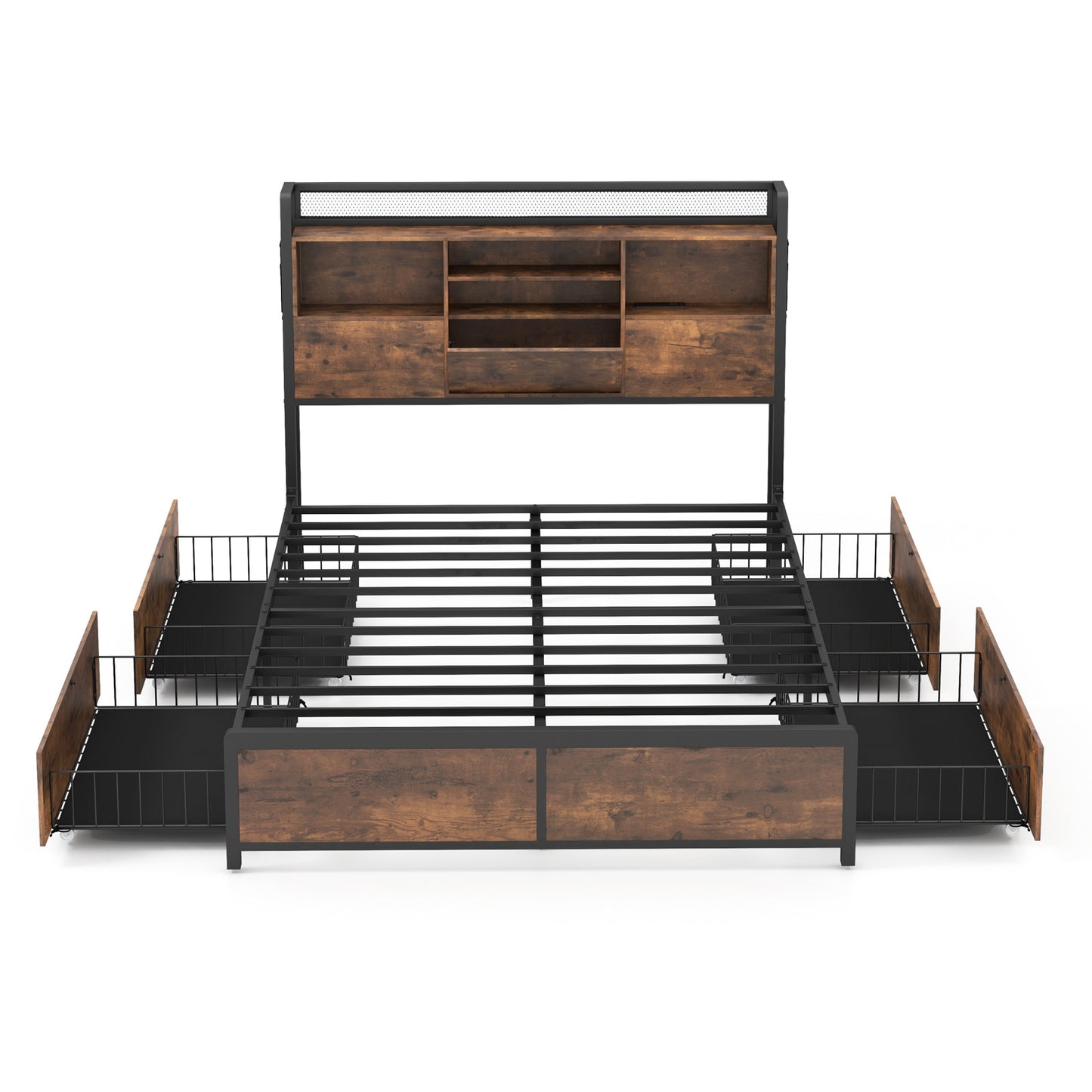 Metal Bed Frame with 3-Tier Bookcase Headboard, 4 Storage Drawers & Charging Station – Rustic Wood Finish, Full & Queen Size