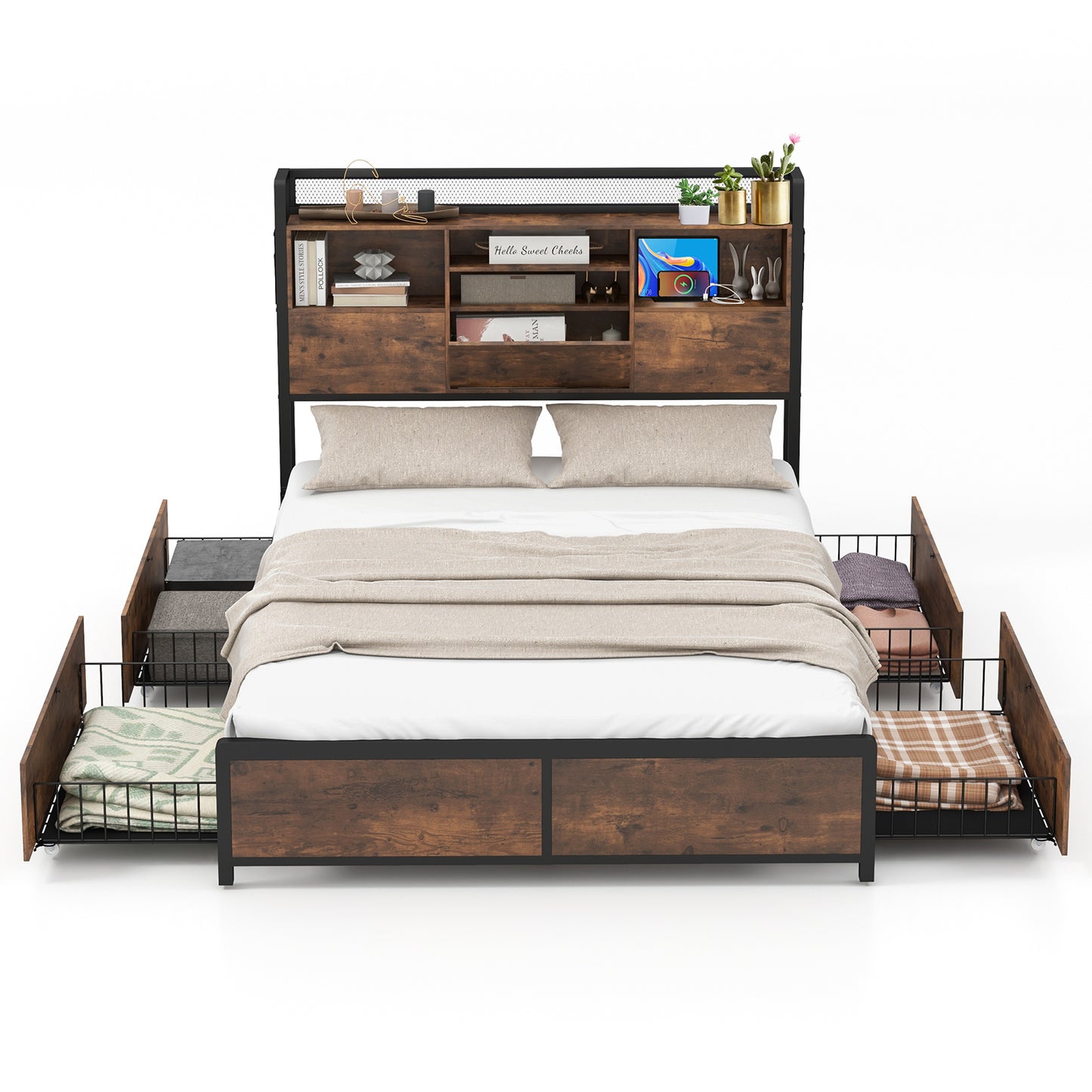 Metal Bed Frame with 3-Tier Bookcase Headboard, 4 Storage Drawers & Charging Station – Rustic Wood Finish, Full & Queen Size