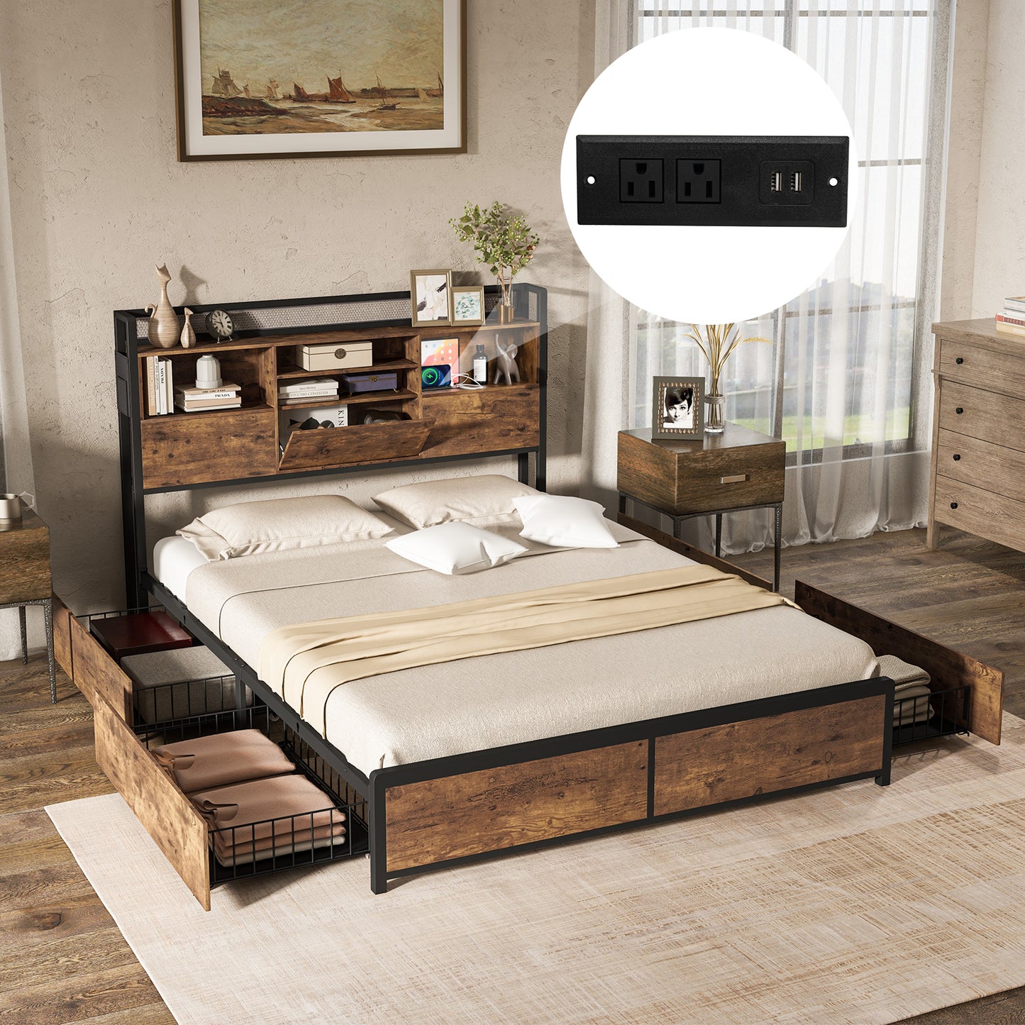 Metal Bed Frame with 3-Tier Bookcase Headboard, 4 Storage Drawers & Charging Station – Rustic Wood Finish, Full & Queen Size