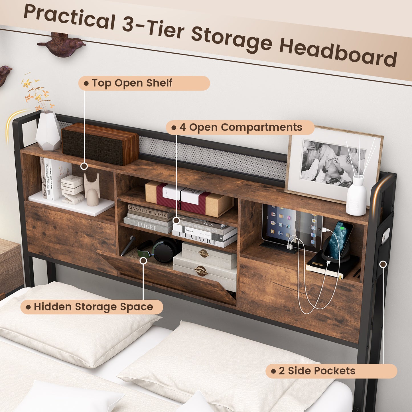 Metal Bed Frame with 3-Tier Bookcase Headboard, 4 Storage Drawers & Charging Station – Rustic Wood Finish, Full & Queen Size