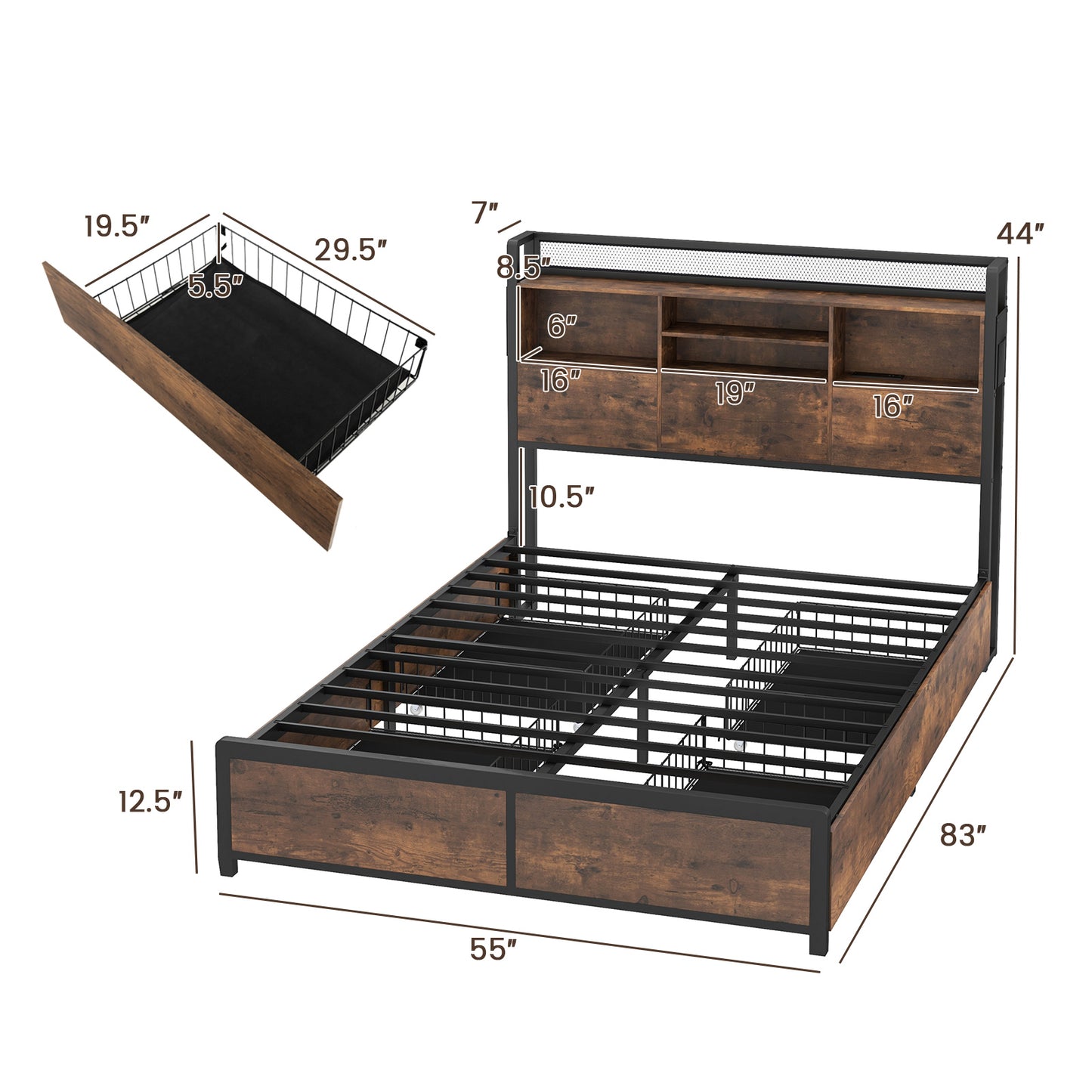 Metal Bed Frame with 3-Tier Bookcase Headboard, 4 Storage Drawers & Charging Station – Rustic Wood Finish, Full & Queen Size