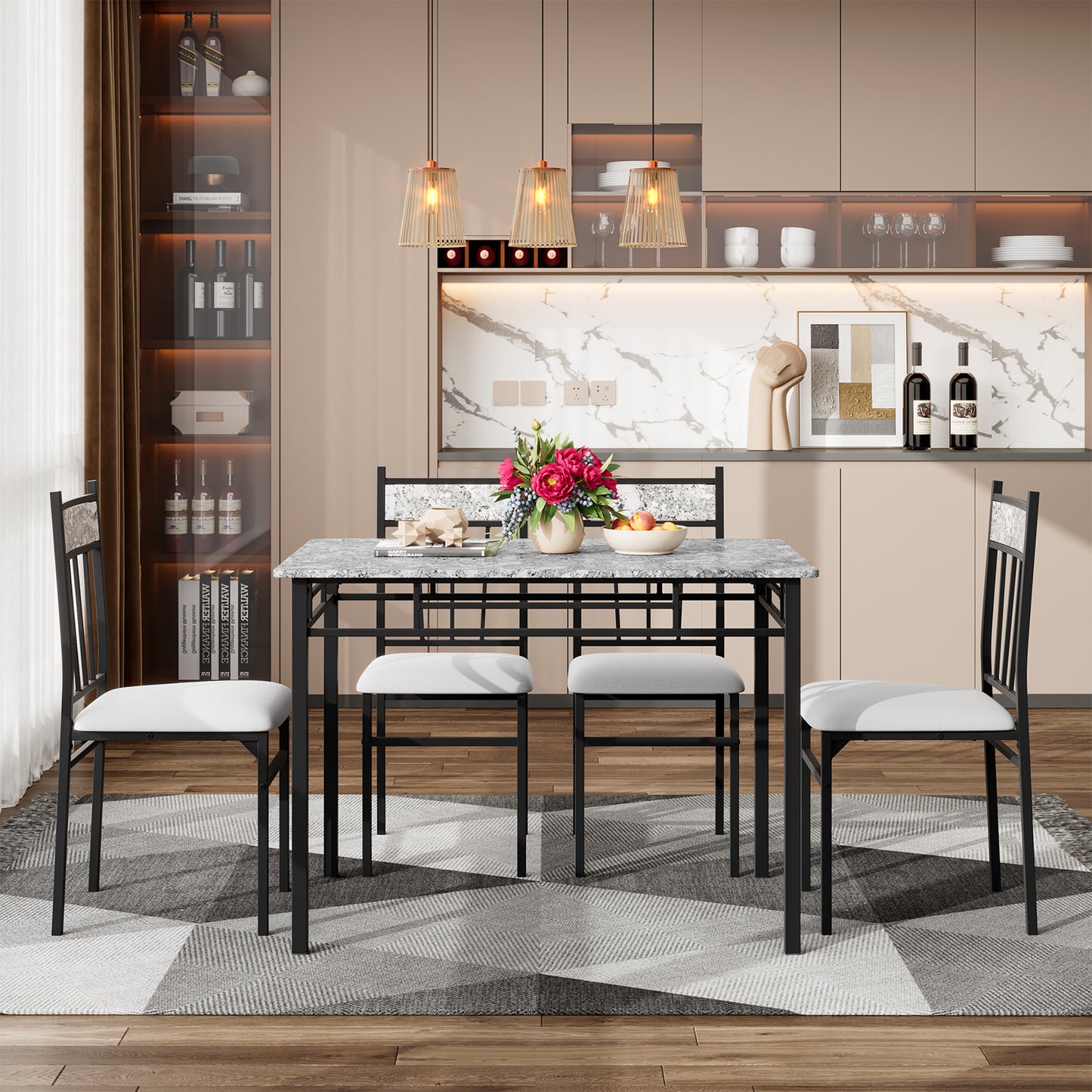 Elegant 5 Piece Faux Marble Dining Set with Solid Steel Frame and Upholstered Chairs