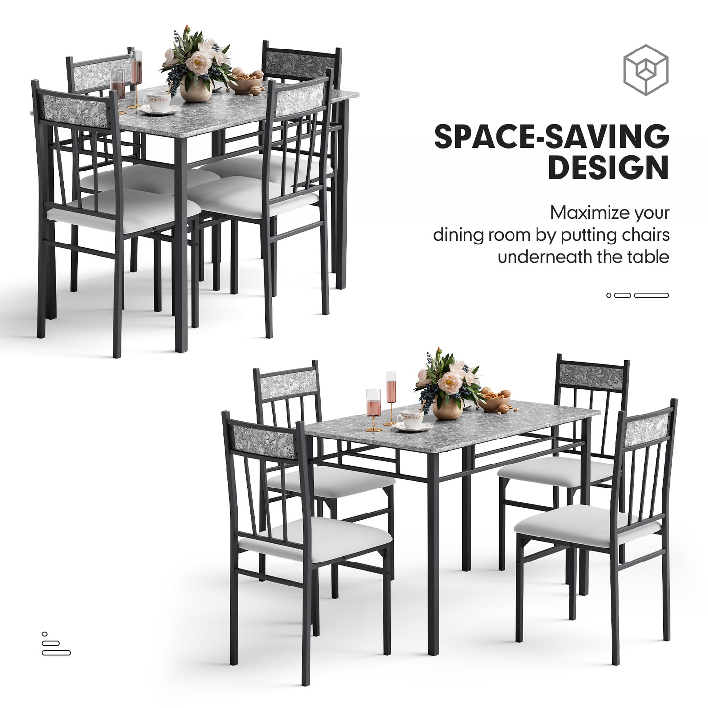 Elegant 5 Piece Faux Marble Dining Set with Solid Steel Frame and Upholstered Chairs