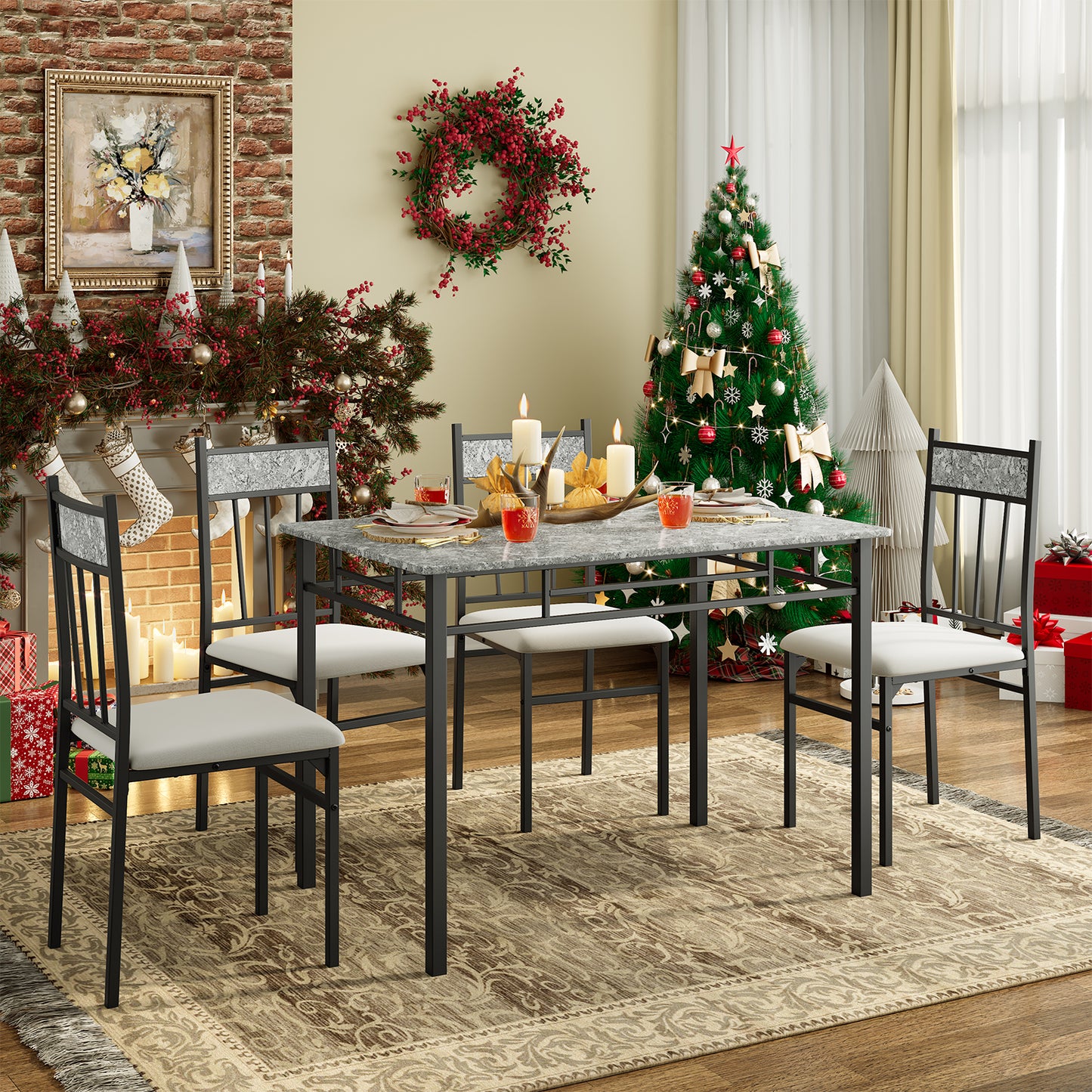 Elegant 5 Piece Faux Marble Dining Set with Solid Steel Frame and Upholstered Chairs