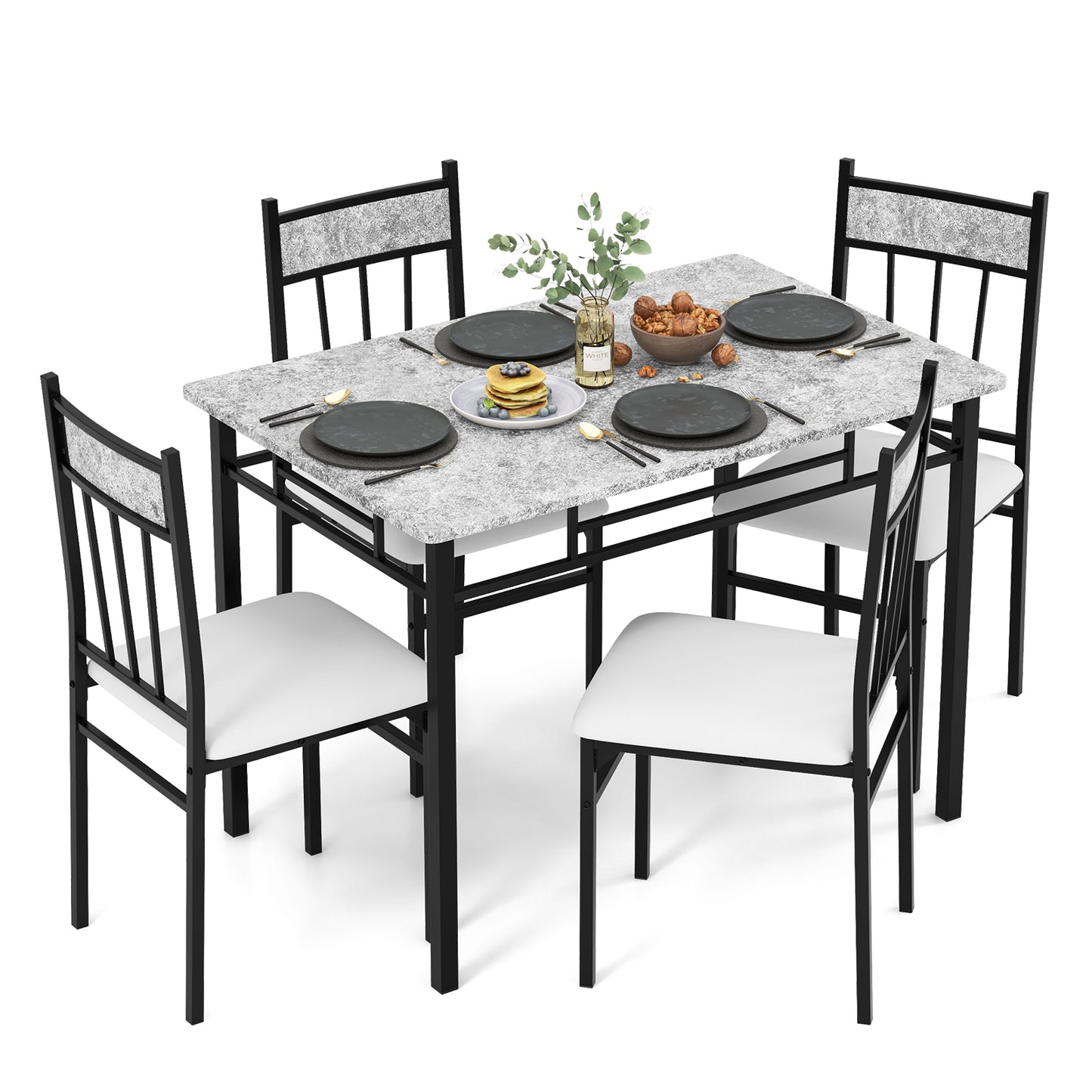 Elegant 5 Piece Faux Marble Dining Set with Solid Steel Frame and Upholstered Chairs
