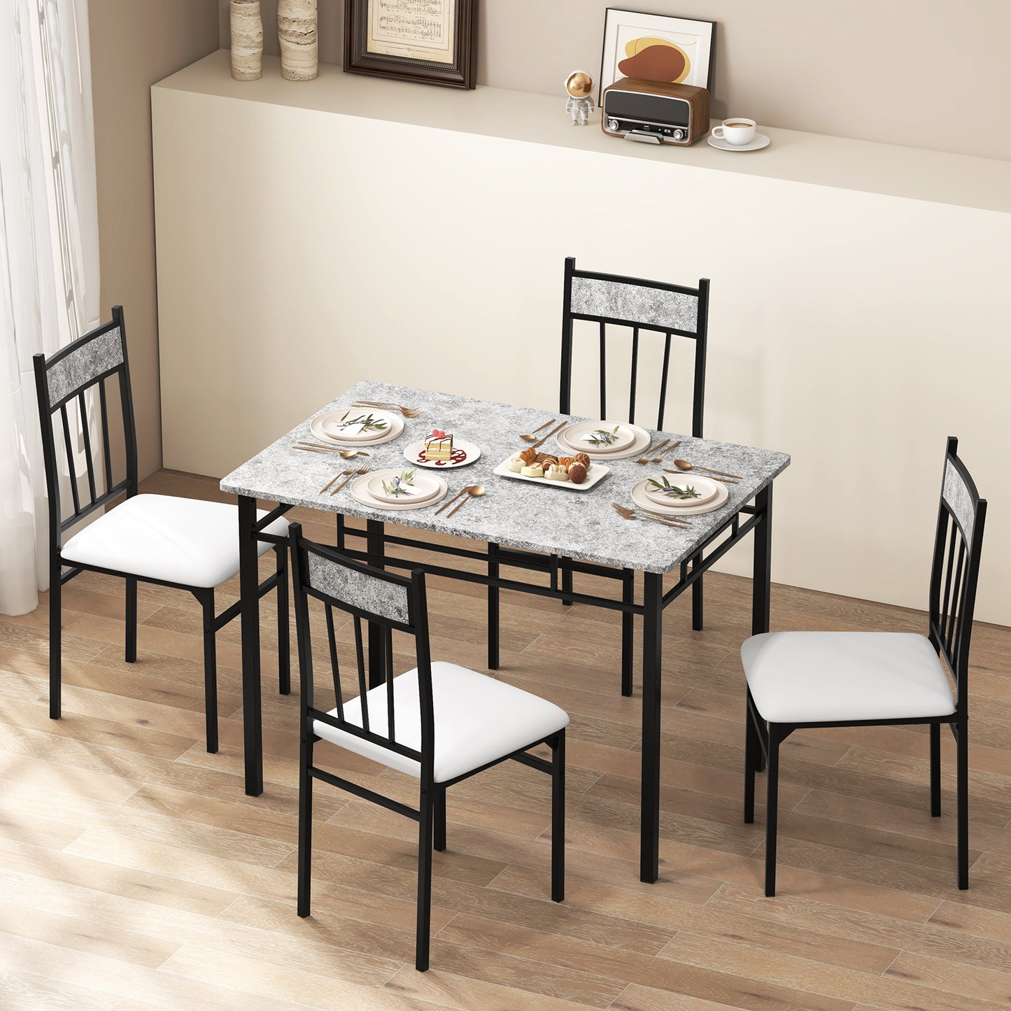 Elegant 5 Piece Faux Marble Dining Set with Solid Steel Frame and Upholstered Chairs