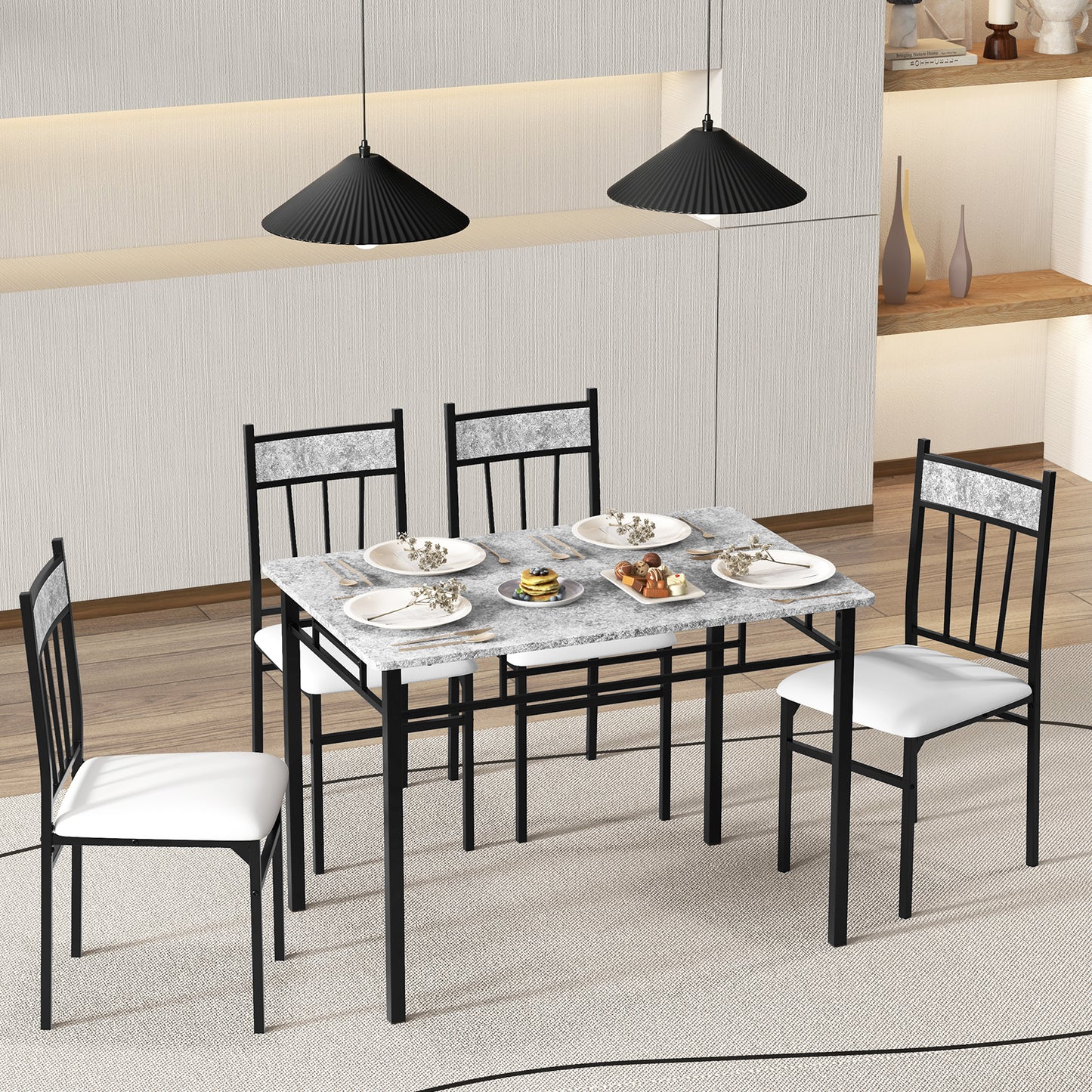Elegant 5 Piece Faux Marble Dining Set with Solid Steel Frame and Upholstered Chairs