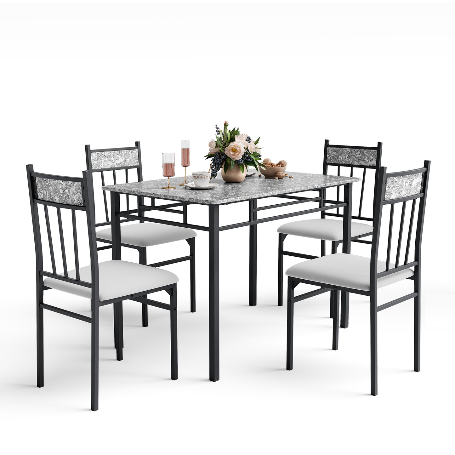 Elegant 5 Piece Faux Marble Dining Set with Solid Steel Frame and Upholstered Chairs