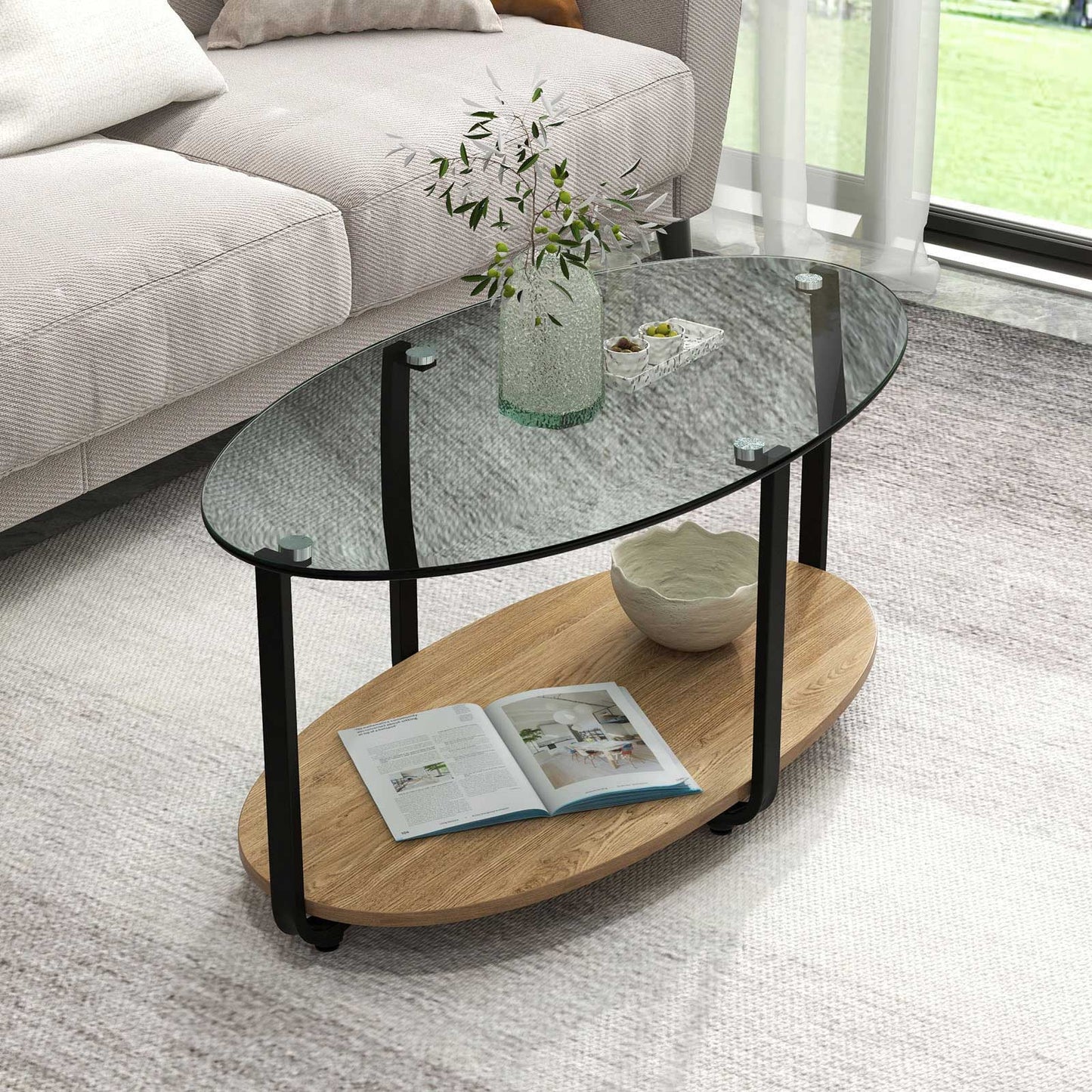 Elegant Oval Coffee Table with Dual Tiers, Tempered Glass Surface and Wood Base