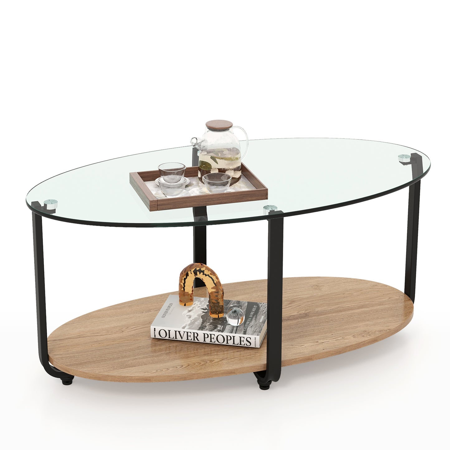 Elegant Oval Coffee Table with Dual Tiers, Tempered Glass Surface and Wood Base