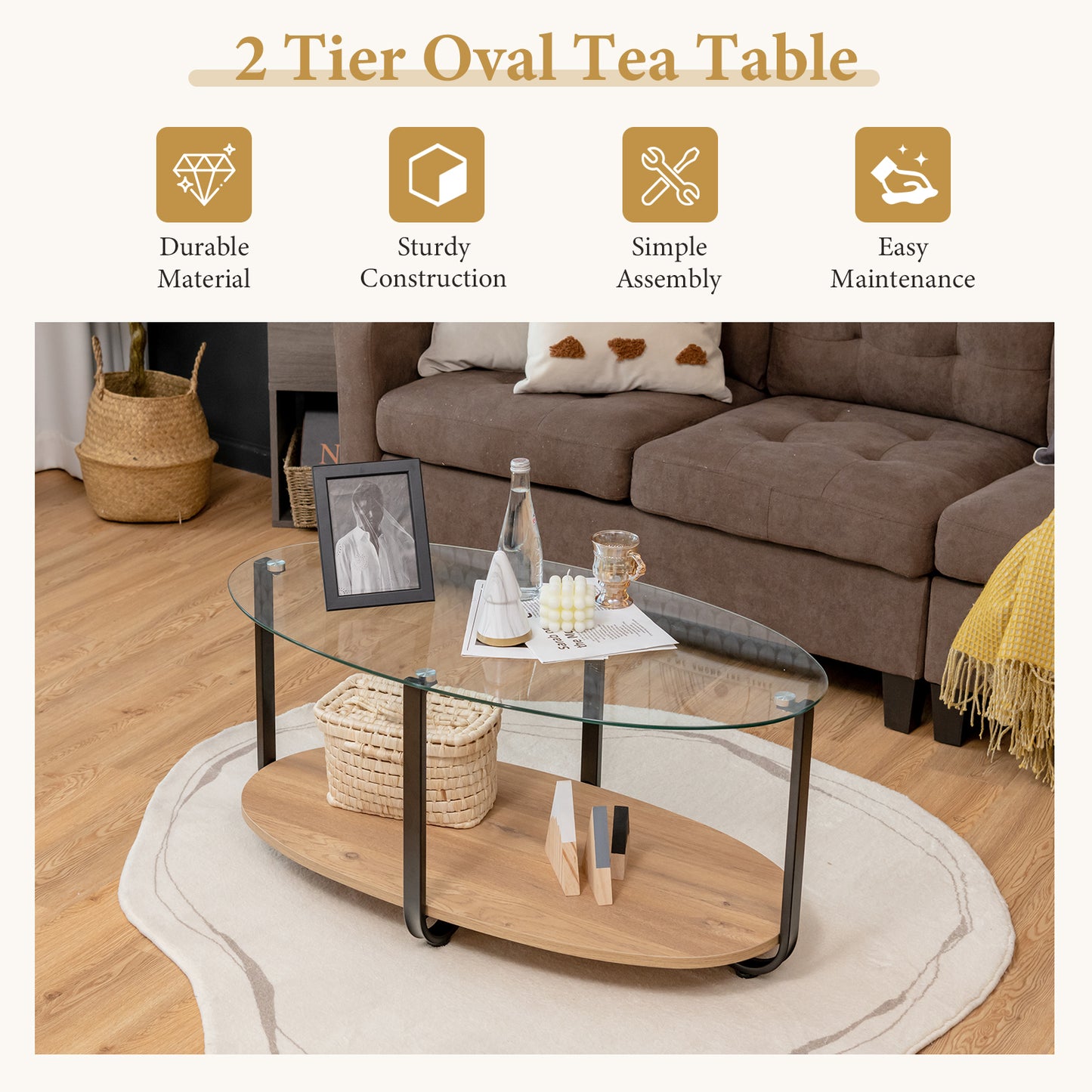 Elegant Oval Coffee Table with Dual Tiers, Tempered Glass Surface and Wood Base