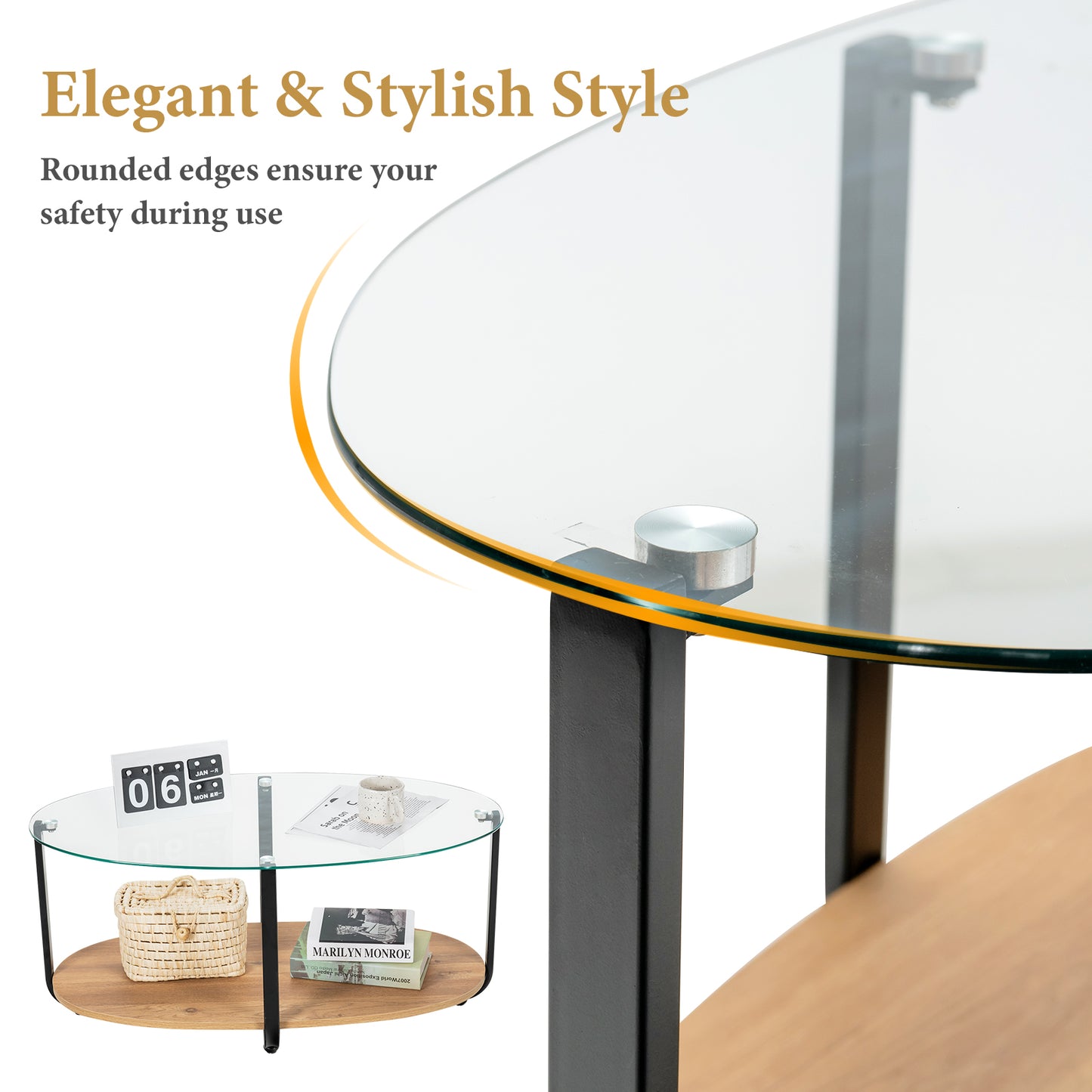 Elegant Oval Coffee Table with Dual Tiers, Tempered Glass Surface and Wood Base
