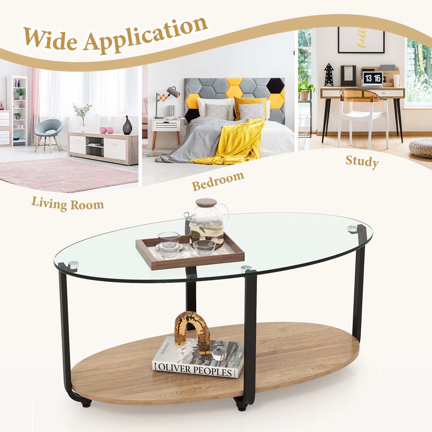 Elegant Oval Coffee Table with Dual Tiers, Tempered Glass Surface and Wood Base