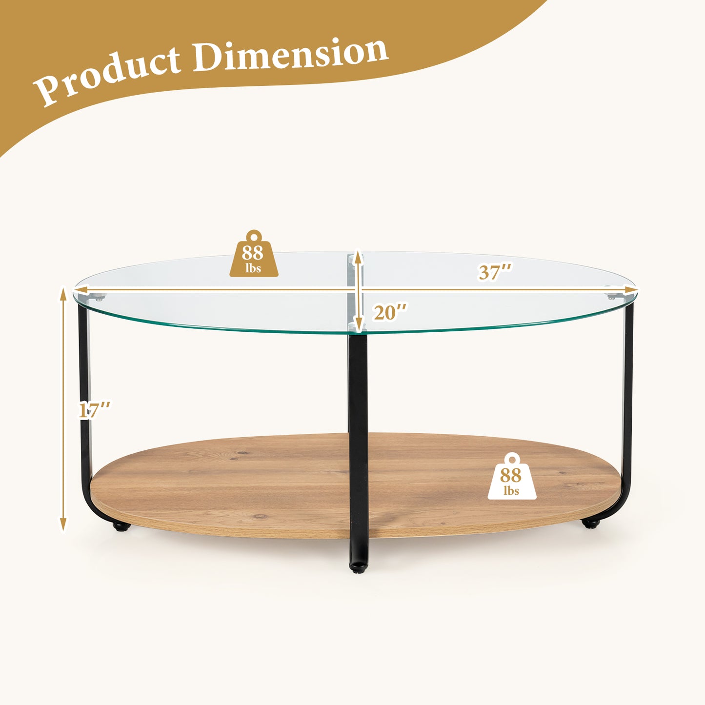 Elegant Oval Coffee Table with Dual Tiers, Tempered Glass Surface and Wood Base