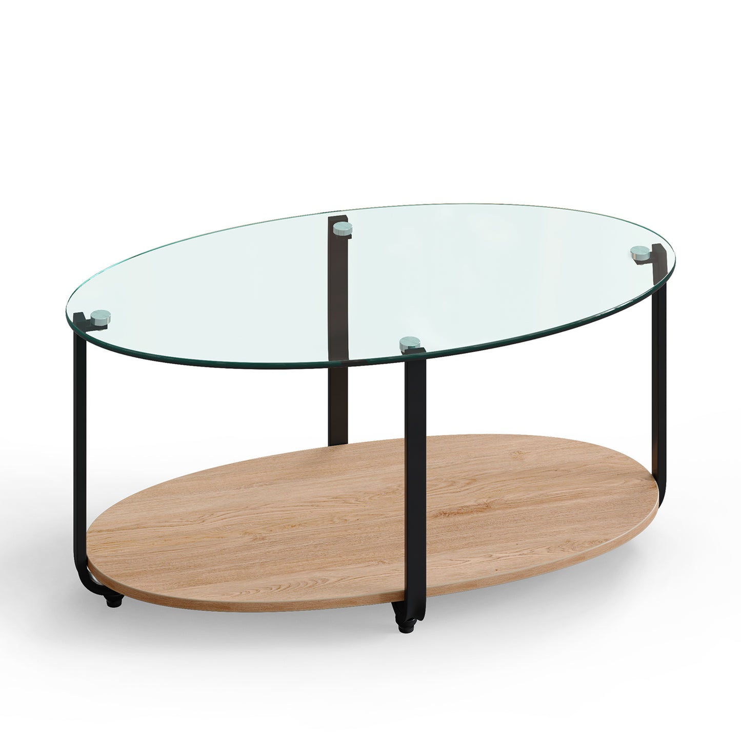 Elegant Oval Coffee Table with Dual Tiers, Tempered Glass Surface and Wood Base