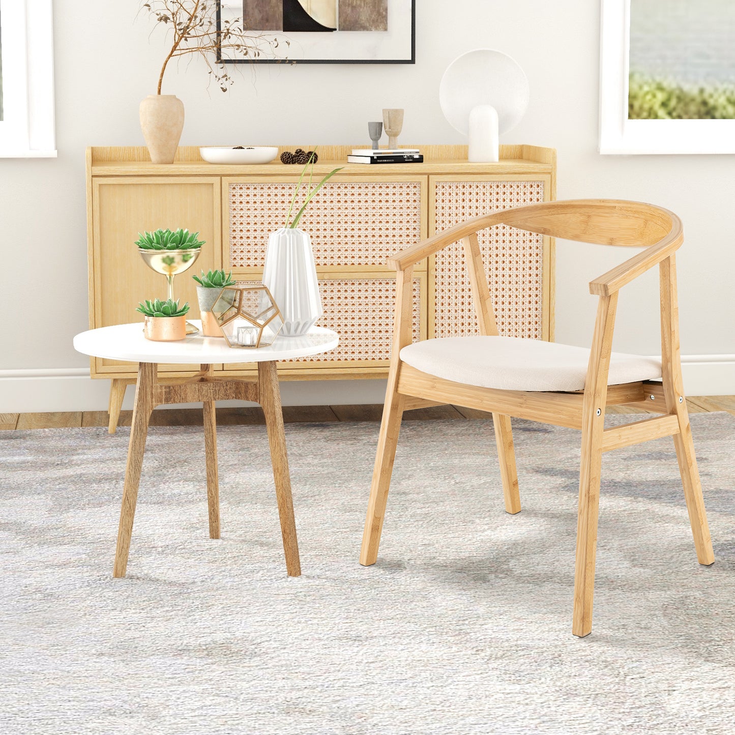 Natural Bamboo Accent Chair with Curved Back and Armrests