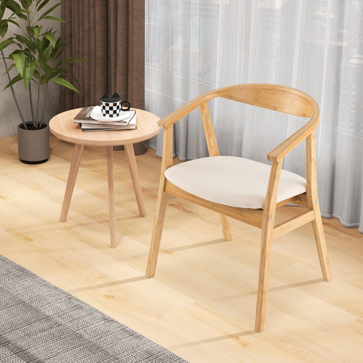 Natural Bamboo Accent Chair with Curved Back and Armrests