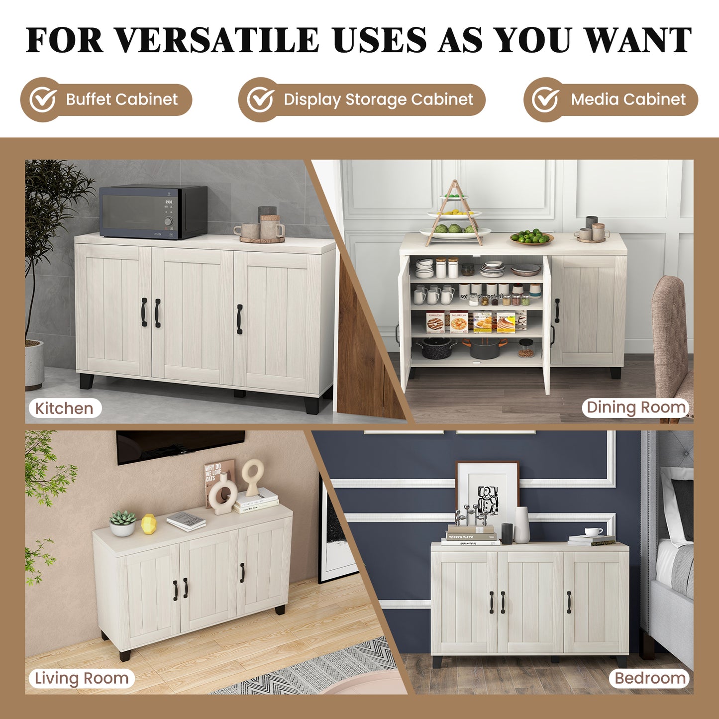 Modern Buffet Cabinet with 3 Doors Adjustable Shelves and Anti Tipping Safety Design - White Wash