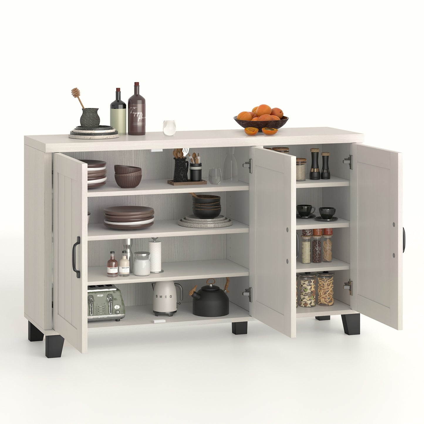 Modern Buffet Cabinet with 3 Doors Adjustable Shelves and Anti Tipping Safety Design - White Wash