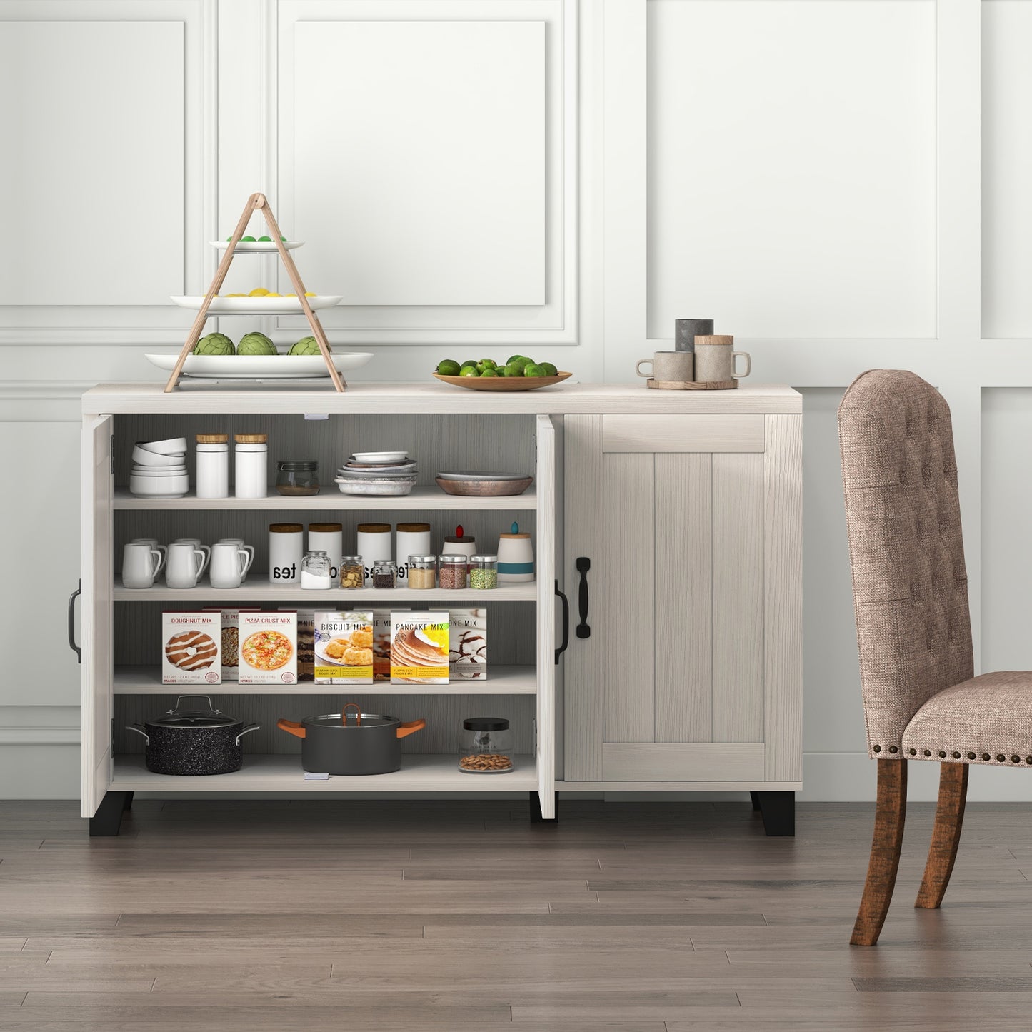 Modern Buffet Cabinet with 3 Doors Adjustable Shelves and Anti Tipping Safety Design - White Wash