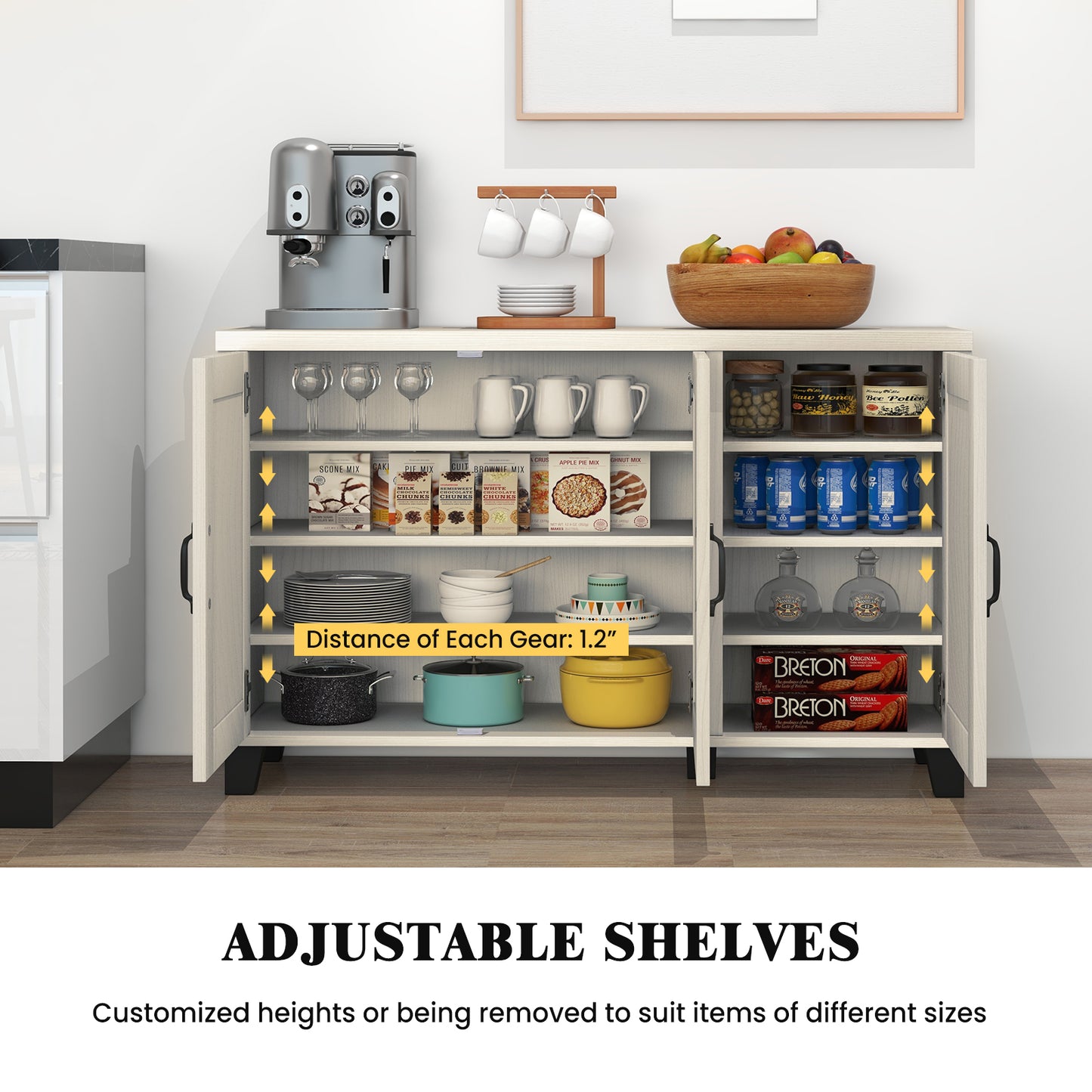Modern Buffet Cabinet with 3 Doors Adjustable Shelves and Anti Tipping Safety Design - White Wash
