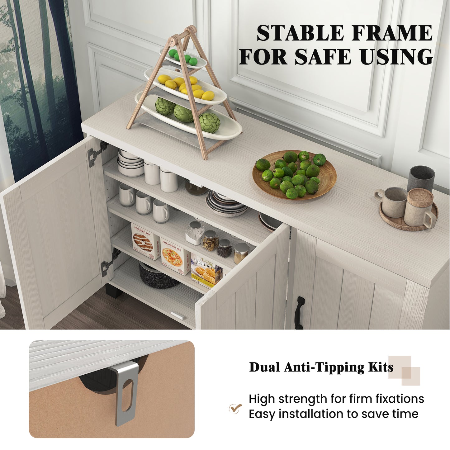 Modern Buffet Cabinet with 3 Doors Adjustable Shelves and Anti Tipping Safety Design - White Wash