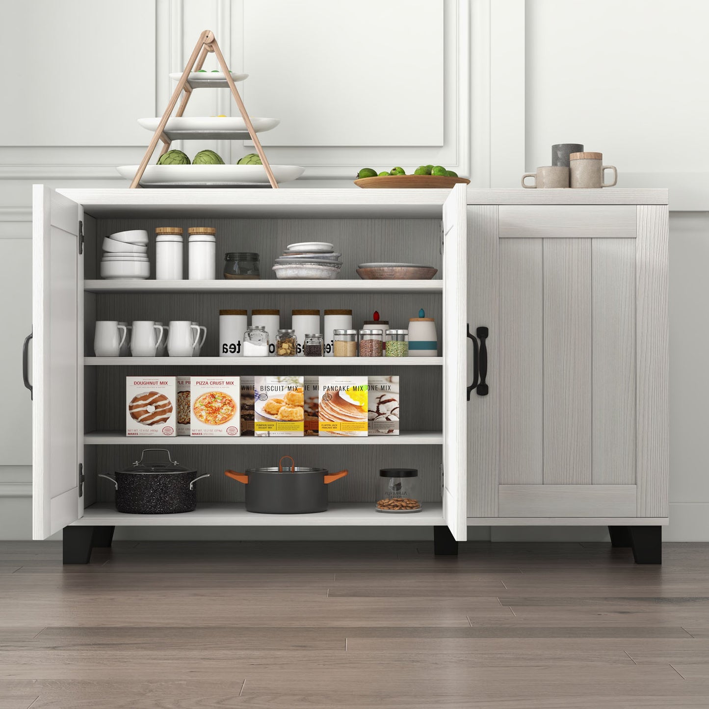 Modern Buffet Cabinet with 3 Doors Adjustable Shelves and Anti Tipping Safety Design - White Wash