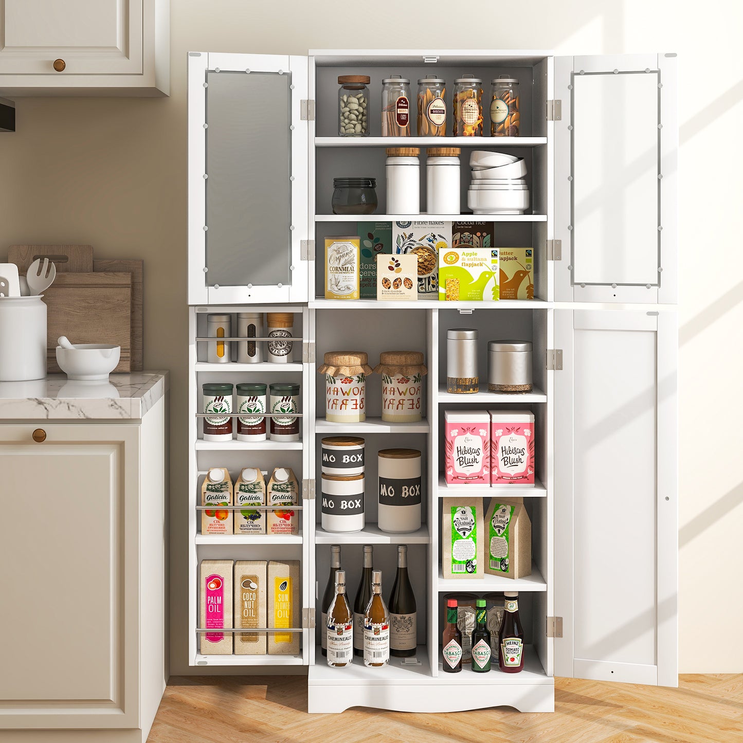 Modern Tall Pantry Cabinet with Glass Doors Adjustable Storage and Interior Shelving - White