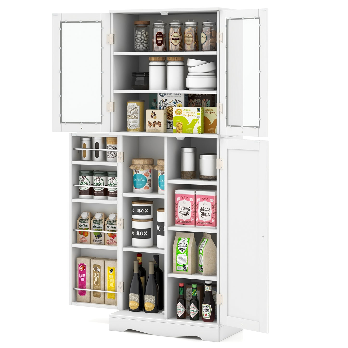 Modern Tall Pantry Cabinet with Glass Doors Adjustable Storage and Interior Shelving - White