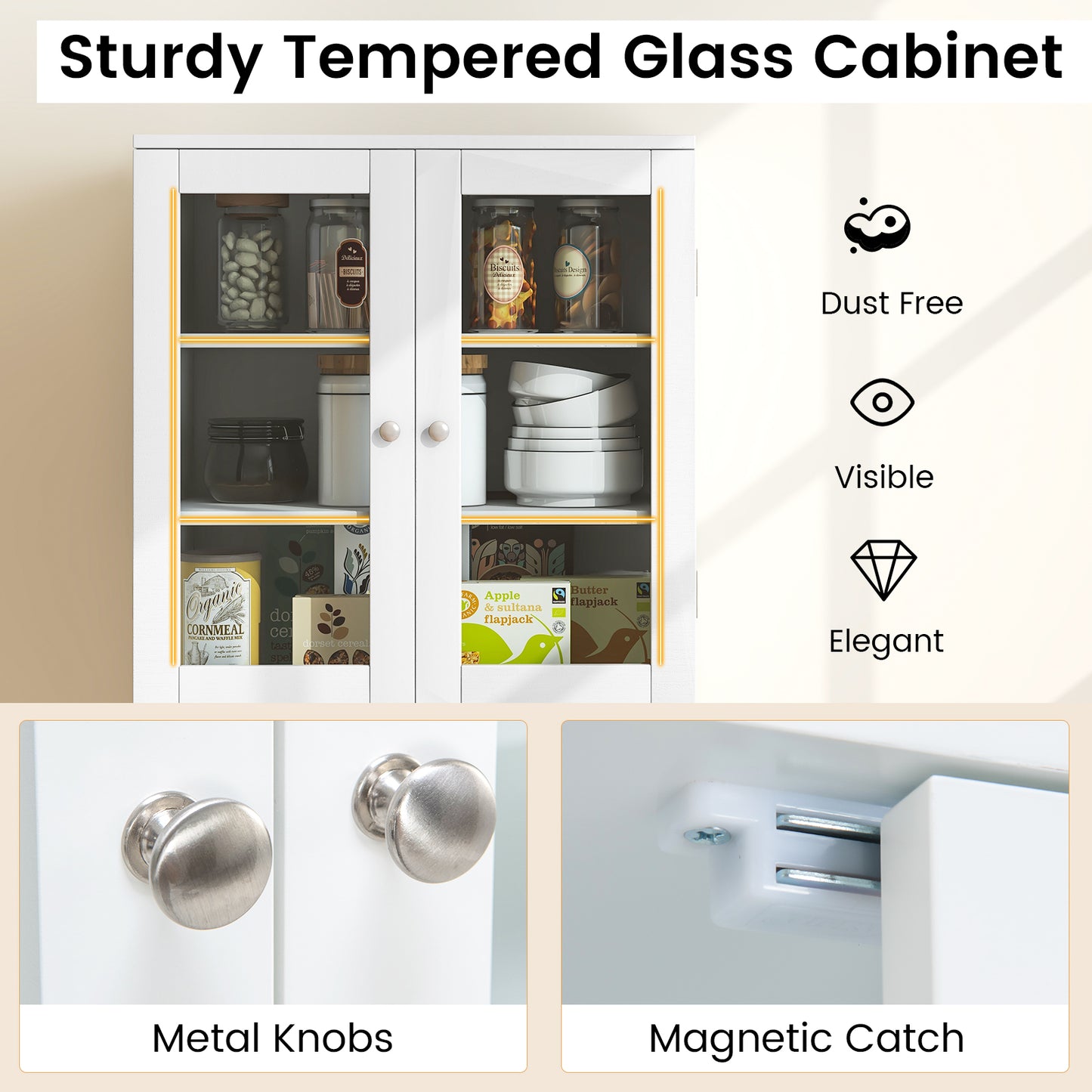 Modern Tall Pantry Cabinet with Glass Doors Adjustable Storage and Interior Shelving - White