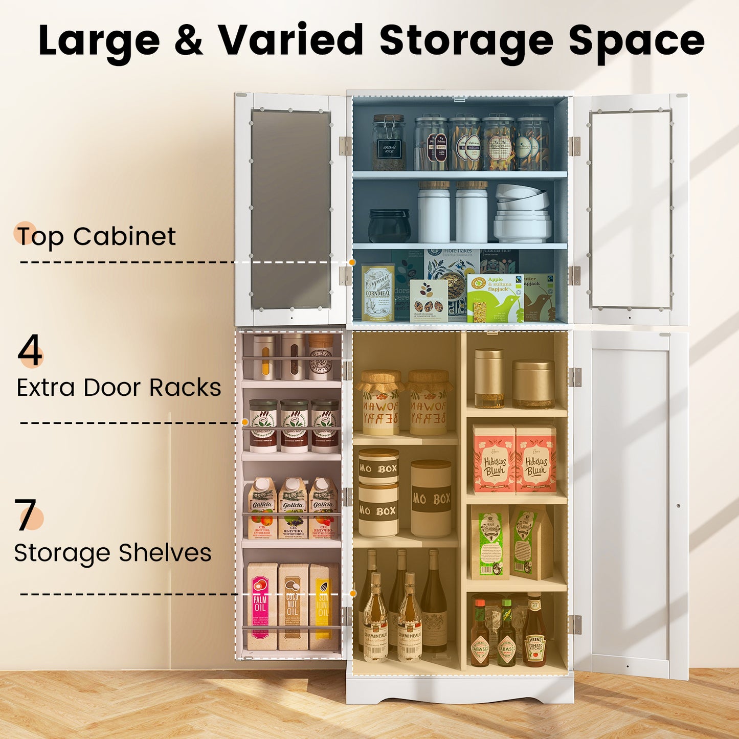 Modern Tall Pantry Cabinet with Glass Doors Adjustable Storage and Interior Shelving - White