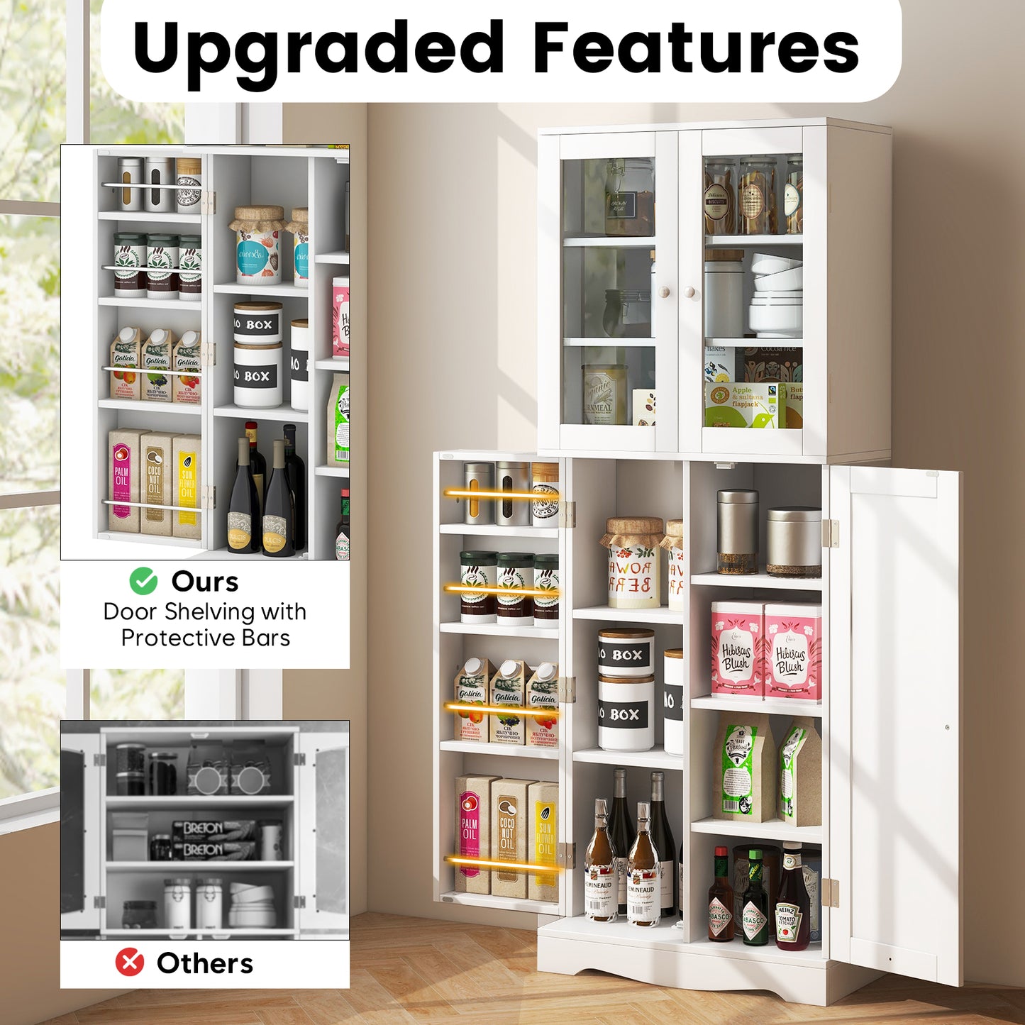 Modern Tall Pantry Cabinet with Glass Doors Adjustable Storage and Interior Shelving - White