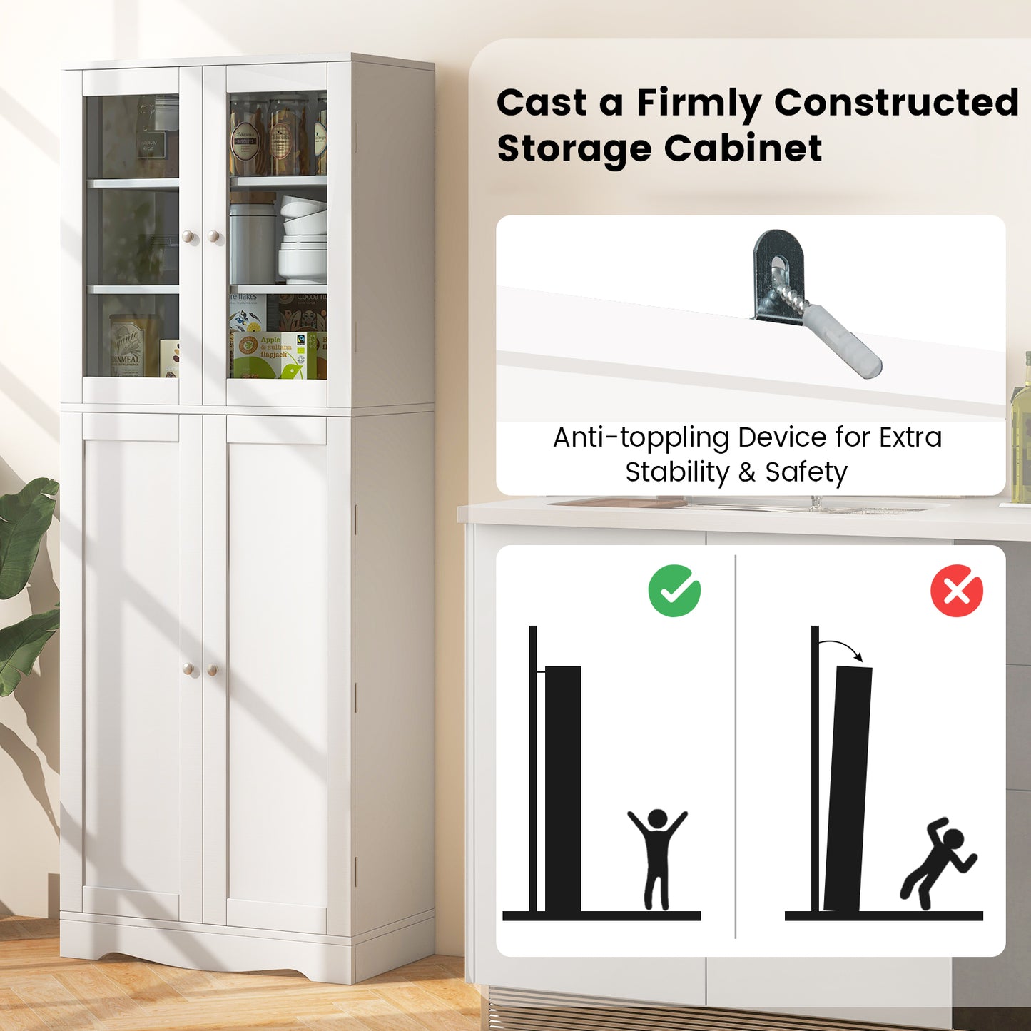 Modern Tall Pantry Cabinet with Glass Doors Adjustable Storage and Interior Shelving - White