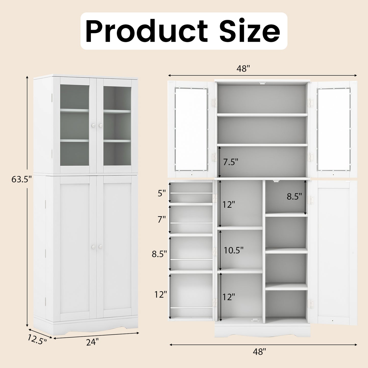 Modern Tall Pantry Cabinet with Glass Doors Adjustable Storage and Interior Shelving - White