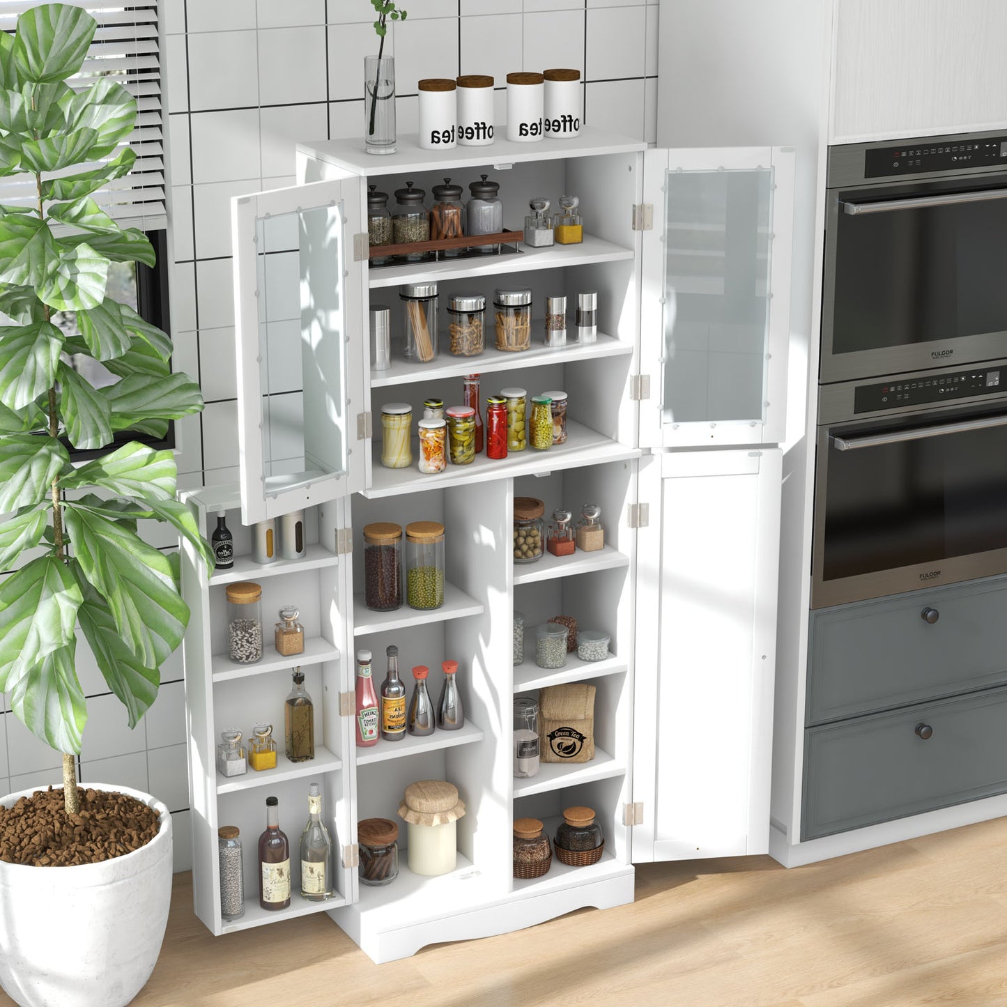 Modern Tall Pantry Cabinet with Glass Doors Adjustable Storage and Interior Shelving - White