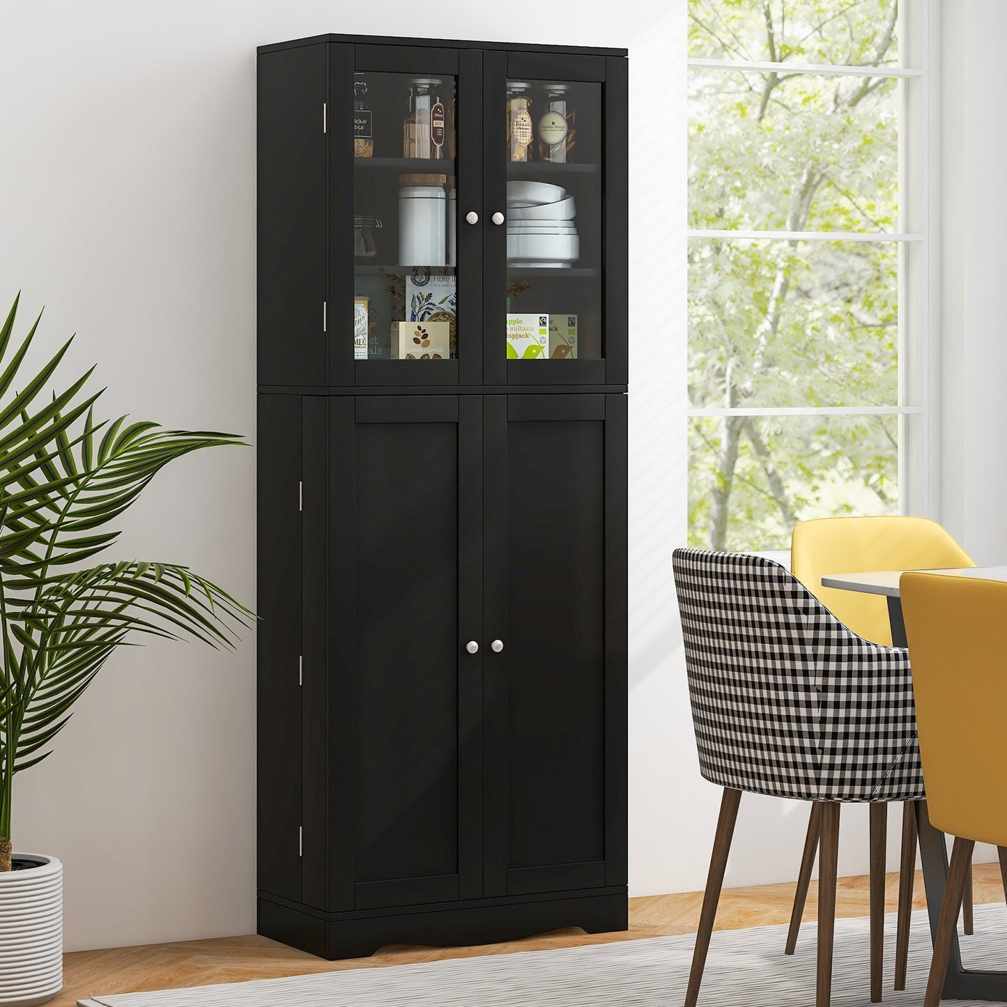 Modern Tall Pantry Cabinet with Glass Doors Adjustable Storage and Interior Shelving - Black