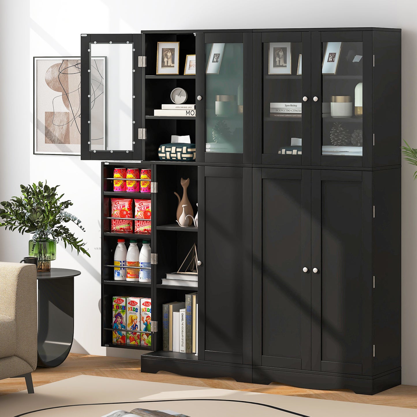 Modern Tall Pantry Cabinet with Glass Doors Adjustable Storage and Interior Shelving - Black