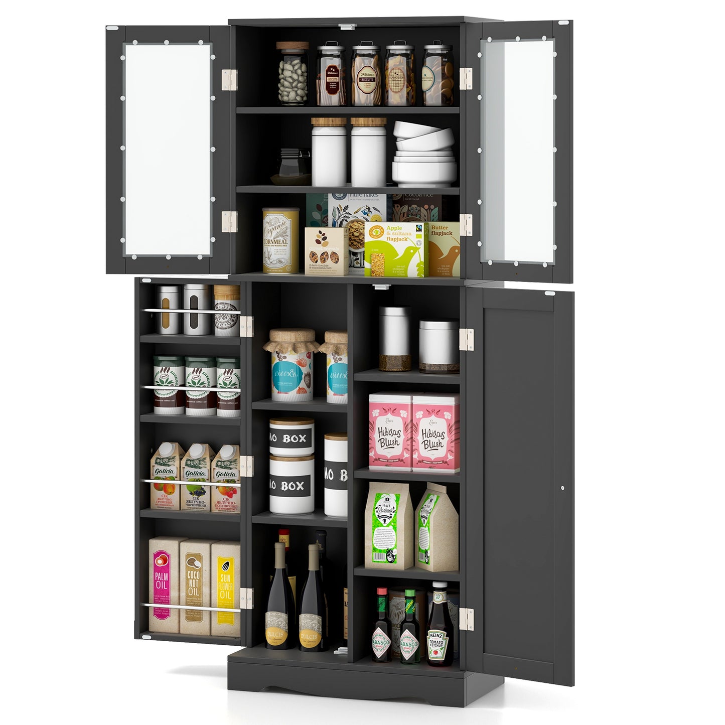 Modern Tall Pantry Cabinet with Glass Doors Adjustable Storage and Interior Shelving - Black