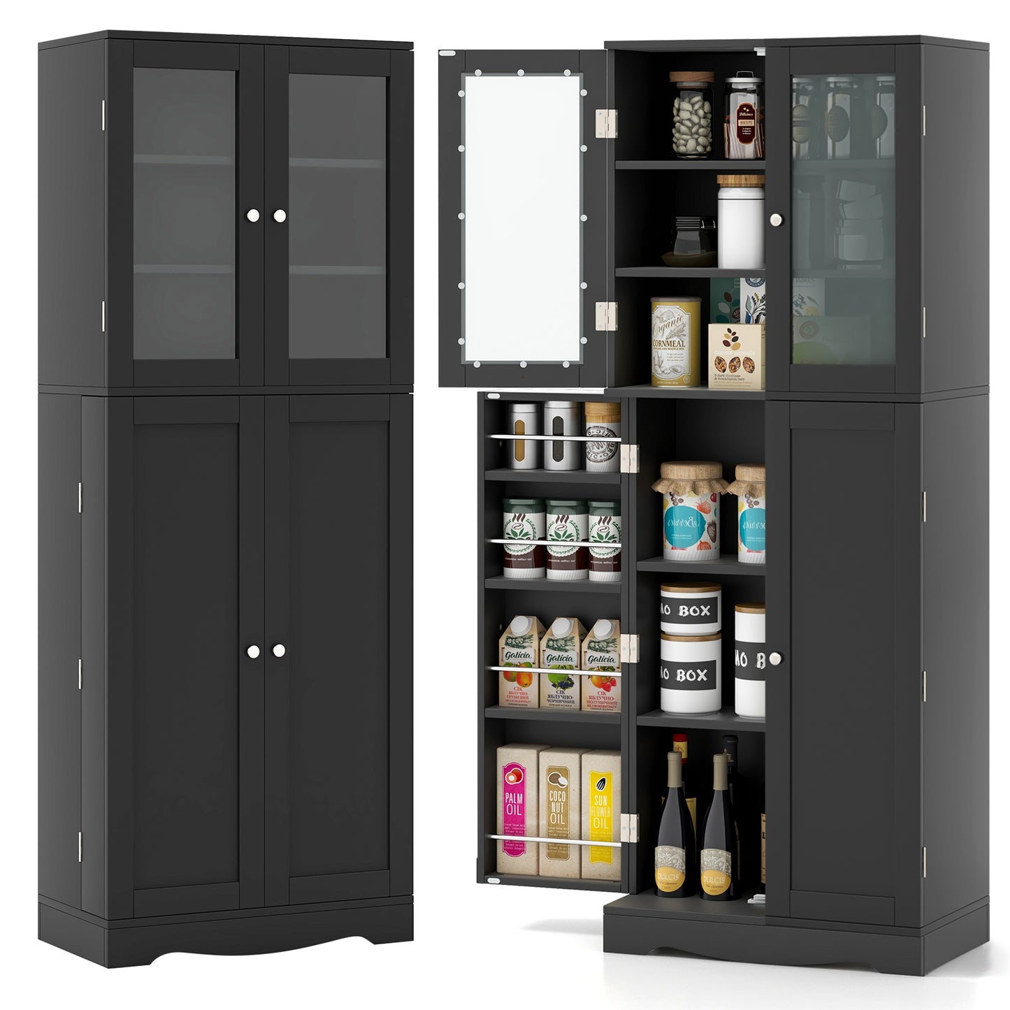 Modern Tall Pantry Cabinet with Glass Doors Adjustable Storage and Interior Shelving - Black