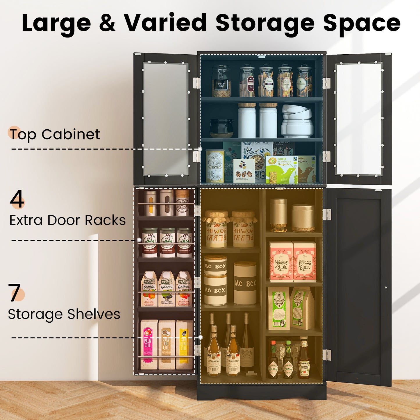 Modern Tall Pantry Cabinet with Glass Doors Adjustable Storage and Interior Shelving - Black